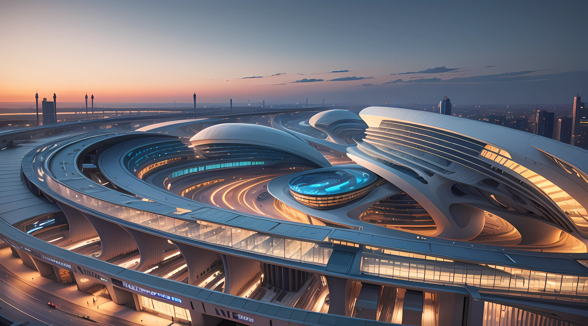 best quality, masterpiece, top view, people, clear sky, sunset or dawn, downtown, zaha hadid, curve, flow, high-tech, medical laboratory, streamlined architecture, road, modern, curved, --auto --s2