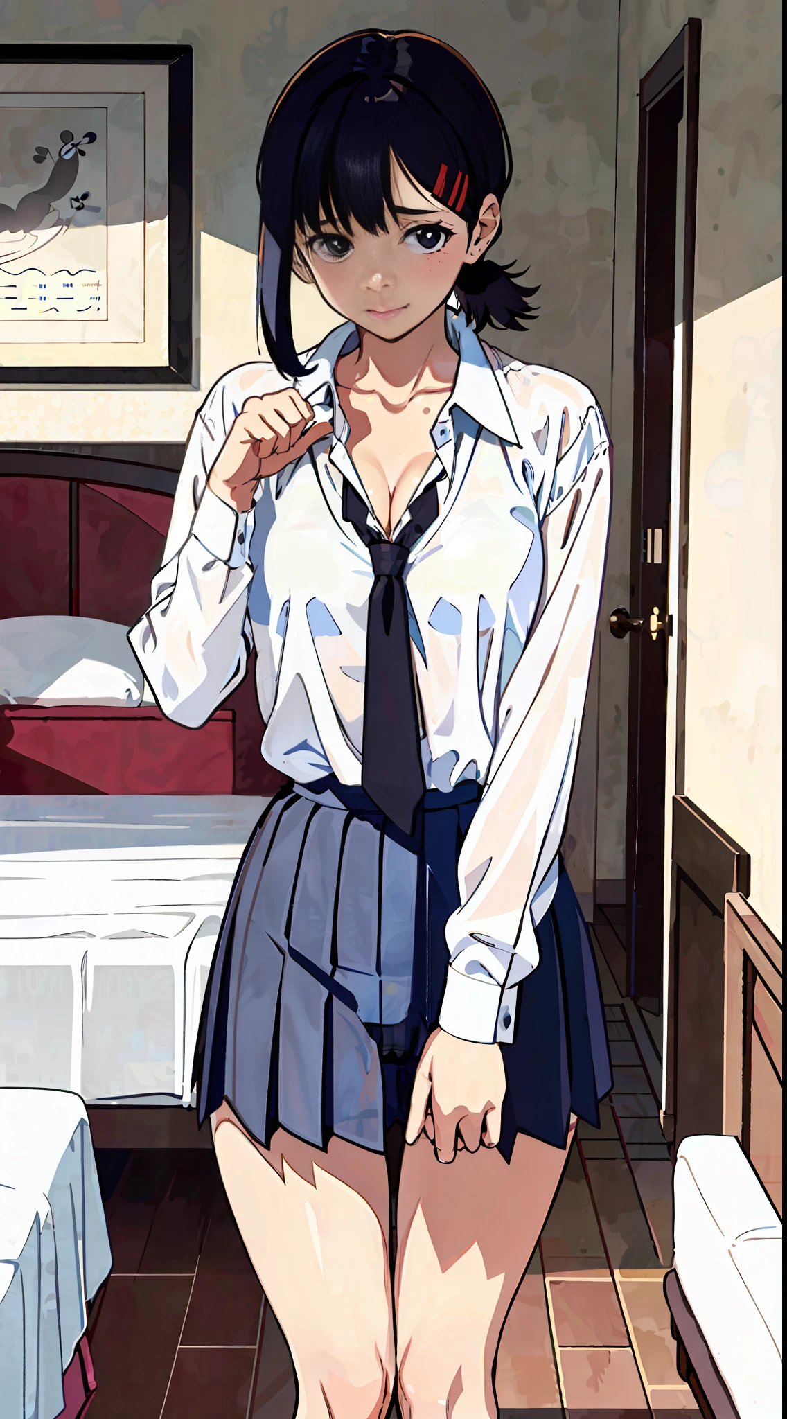 (masterpiece, best quality), 1girl, nsfw, schoolgirl uniform, bed, embarrassment, show off, flat chest, cleavage, panties, see through, oversized shirt, (short white hair: 1.4), bra, urine,cameltoe