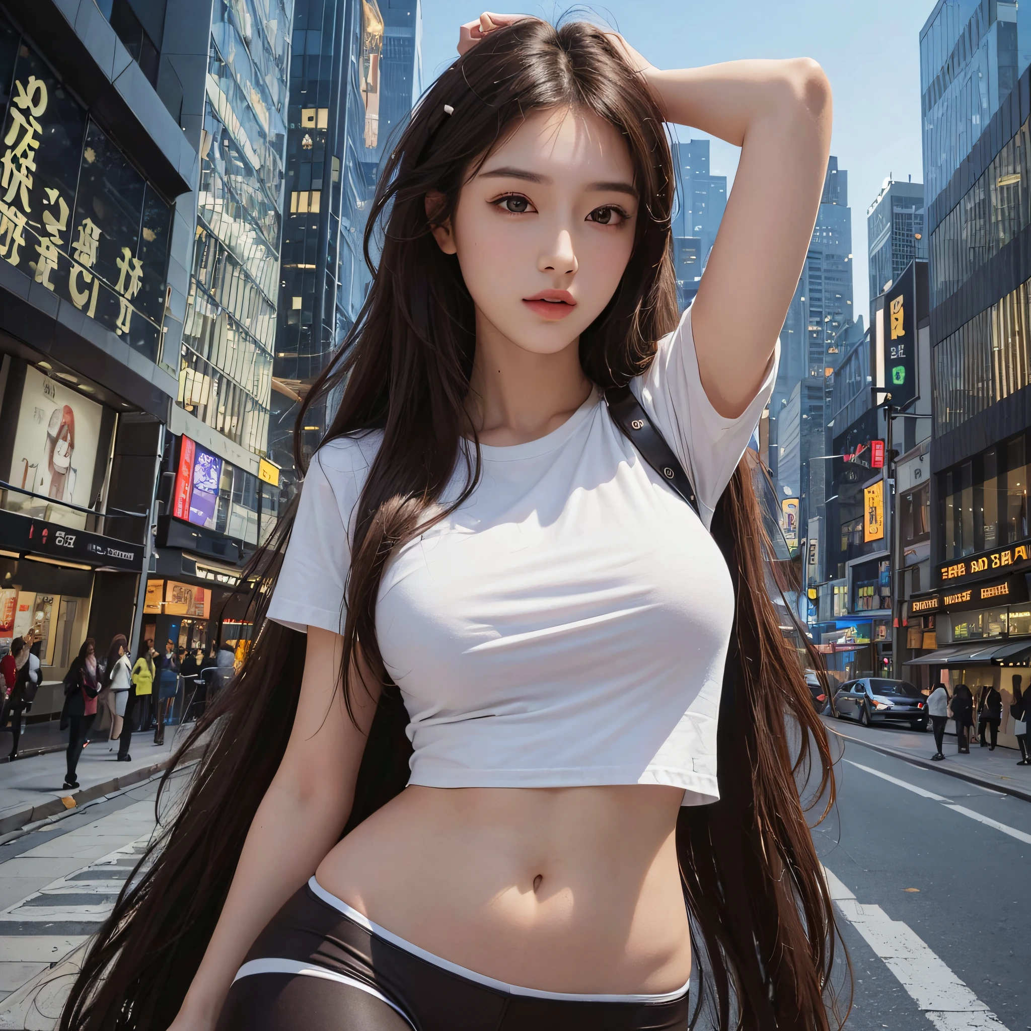 ((Excellent, 8K, Masterpiece:1.3)), Full body, Long legs, Focal length: 1.2, Perfect Body Beauty: 1.4, Slim Abs: 1.1, ((Dark brown layered hair, Big breasts: 1.2) ), (White skinny T-shirt, leggings, standing: 1.2), ((City Night View, Roof: 1.3)), Highly detailed face and skin texture, detailed eyes, double eyelids, real photo effects --auto --s2