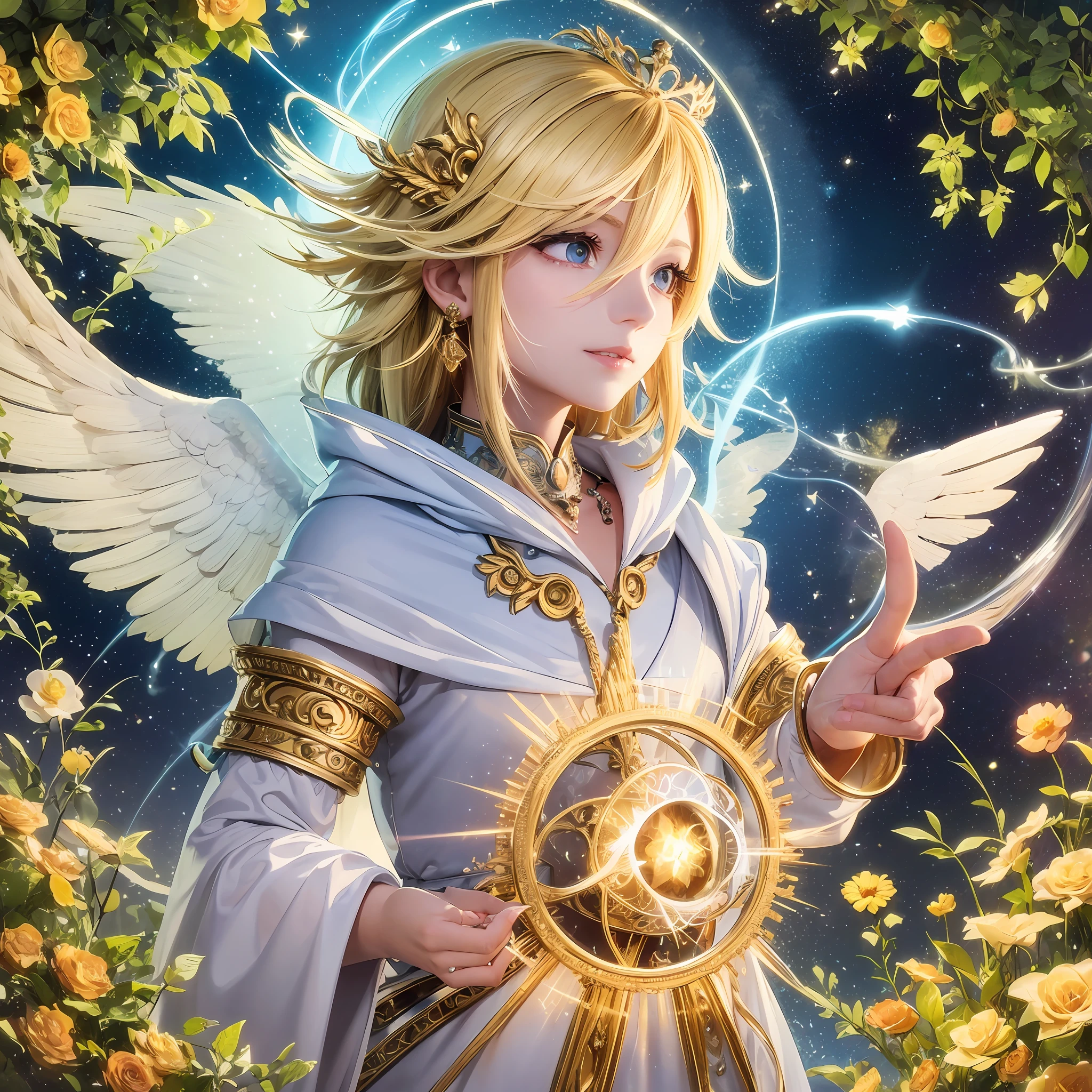 Create a more angelic male character a closeup of a heart surrounded by a flower of light, within radiated connection, radiating power, radiating rebirth energy, emanating and flowing energy, soul frequency, channeling third eye energy, spiritual enlightenment, radiating a bright aura, channeling mystical energy, bright golden aura, shining within, radiating golden light, opening a bright portal --auto --s2