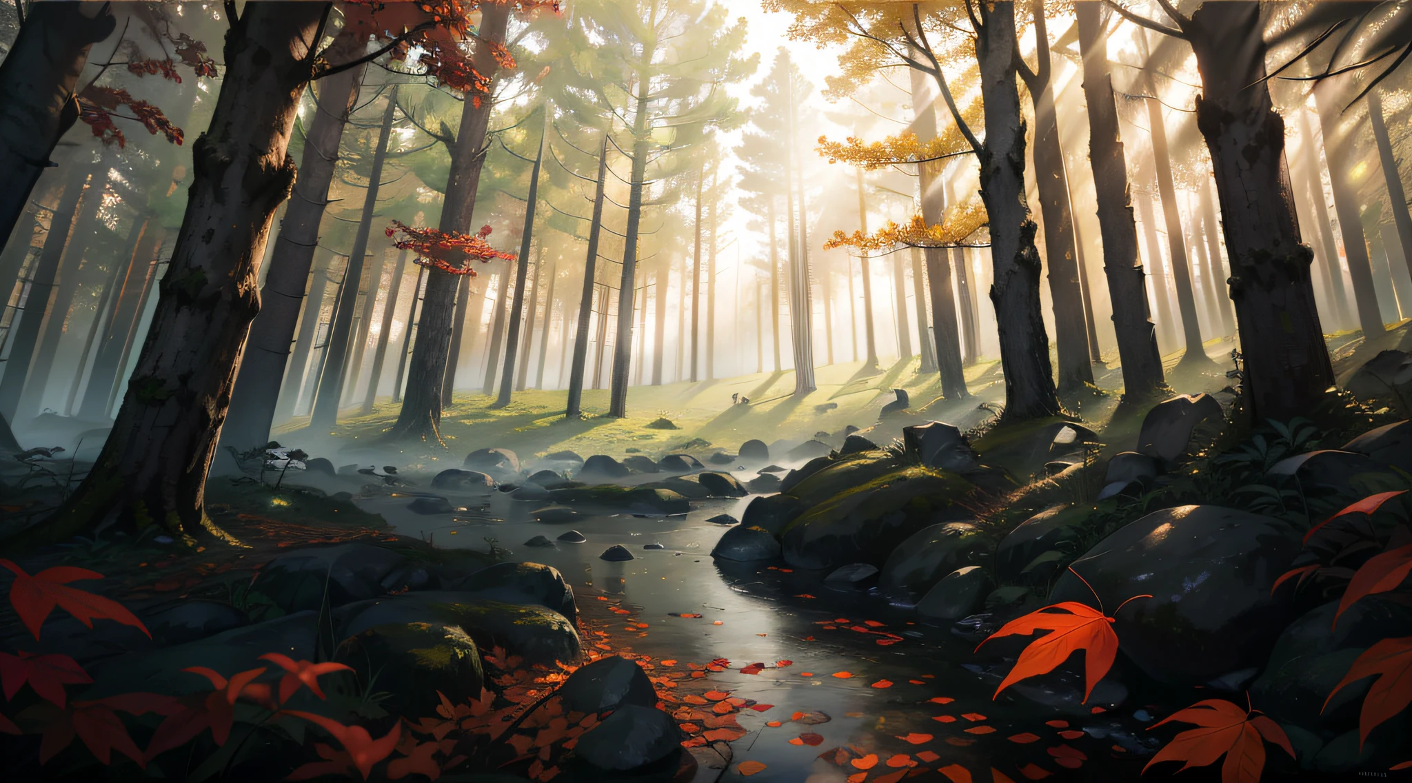 Wallpaper, forest, woods, leaves, fog, autumn colors, HD details, wet watermark, hyperdetail, film, surrealism, soft light, deep field focus bokeh, ray tracing, diffusion (ultra-fine glass reflections) and surrealism. --v6