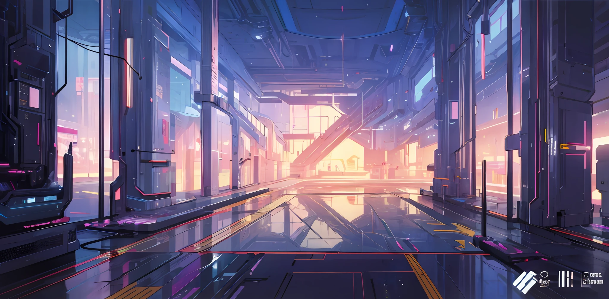 Cyberpunk, indoor scene, science fiction scene, full of technology, empty ground, modern, detailed, glass, HD,