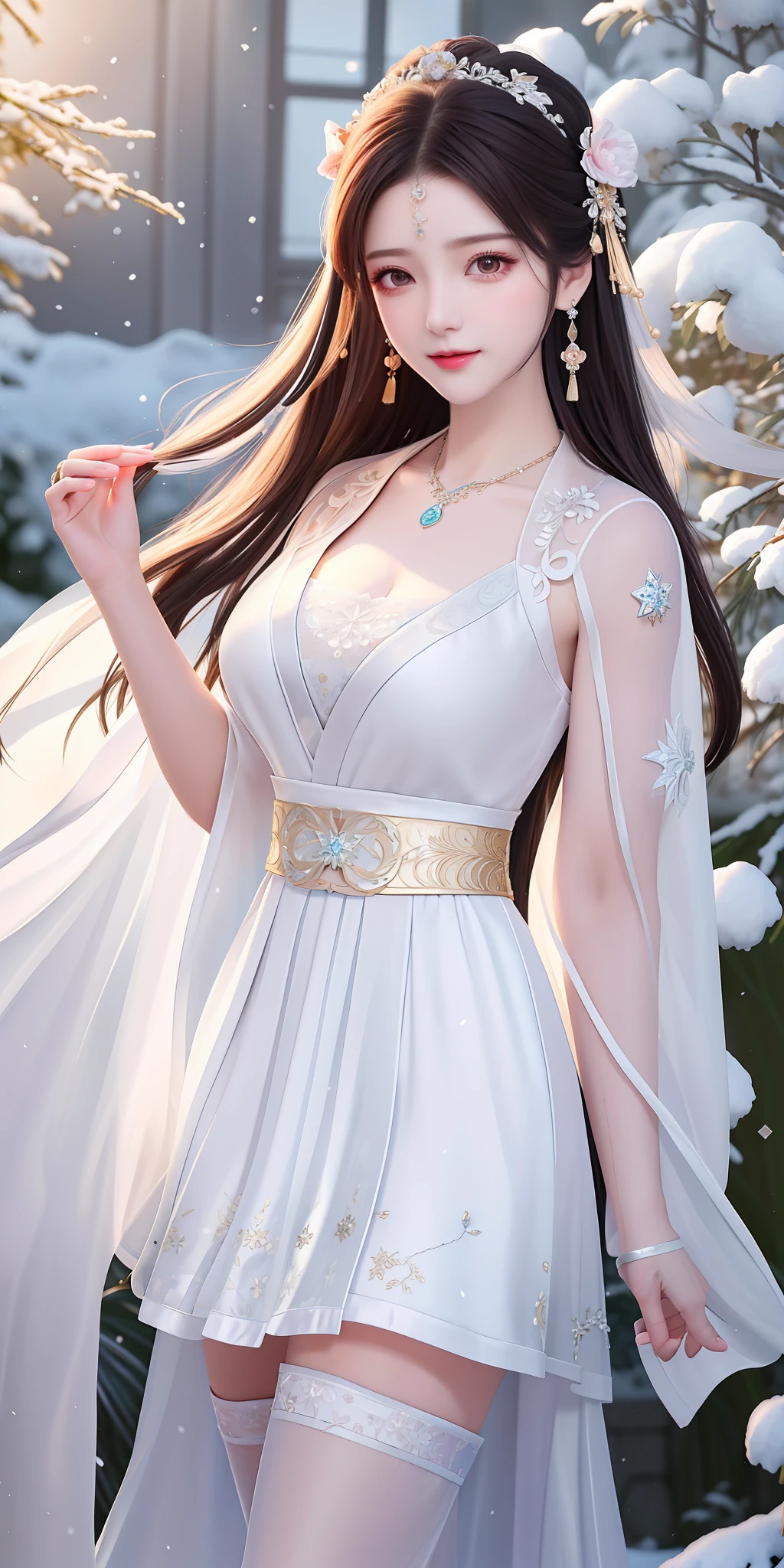 Best quality, masterpiece, high resolution, 1girl, transparent silk porcelain dress, cotton robe, hair accessories, smile, shut up, lips, dress skirt, hair accessories, necklaces, jewelry, hanfu, long hair, earrings, delicate beautiful eyes, delicate eyelashes, beautiful face, human body, Tyndall effect, realism, edge lighting, two-tone lighting, (high detail skin: 1.2), 8k uhd, dslr, soft light, high quality, volumetric lighting, sneak, photos, high resolution, 4k, 8k , background blur, In the garden, falling snowflakes, winter, (big breasts: 0.75), chest cutout, lace, full body, short skirt, white stockings