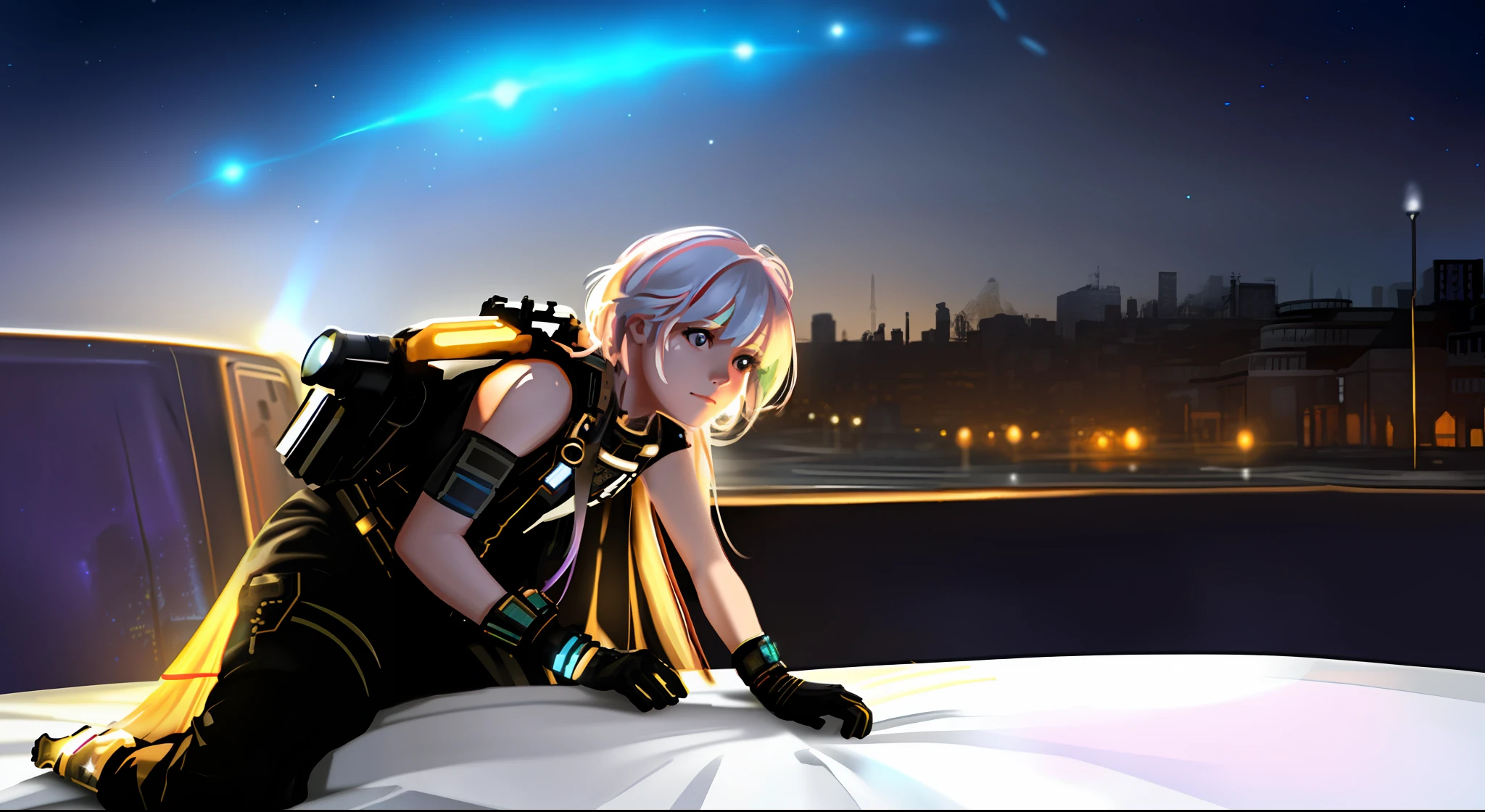 A girl dodging enemies, very detailed shabby cityscape background, midnight, well-lit, movie lights, electronic lights in background, highly detailed background, (:0.3), hyperrealism, photorealism, realistic skin textures, solo, trends on artstation, octane rendering, unreal engine 5, galactic civilization gfred, microworlds planet, digital graphic sticker design, Vector art, thick black outline, _myth_, Vibrant Colors, highly detailed, printed on a sheet of planet, subject keep in the border, isometric, style ::0.5 ::0.75 Interstellar civilization gfred
