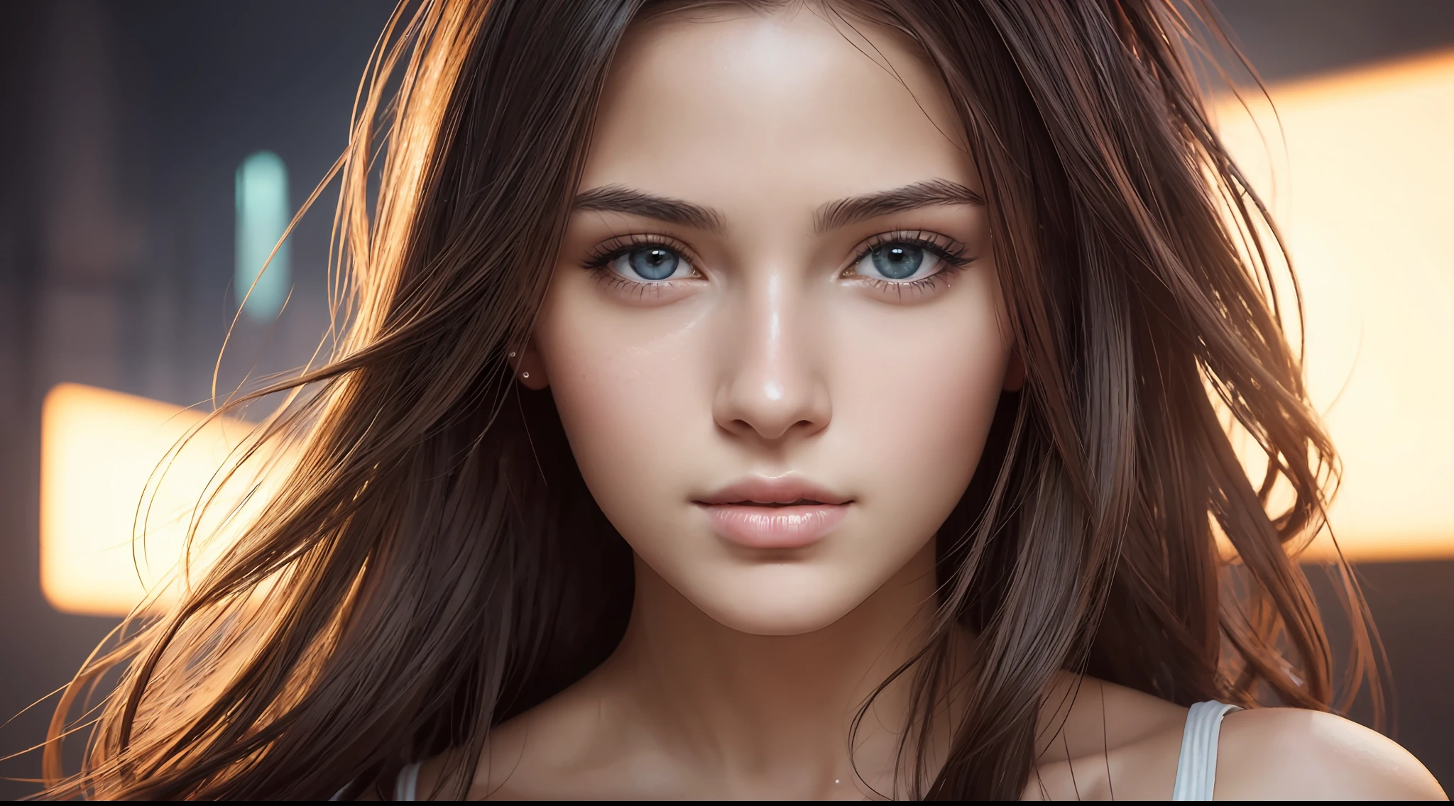 color portrait photography, ((a realistic portrait photo of a beautiful girl 21yo)), (SterreKV2:0.99), (one side up:1.4), light, ((bright skin)), looking_at_viewer, (fit body:1.0), detailed illustration, masterpiece, high quality, realistic, very detailed face, cyberpunk environment