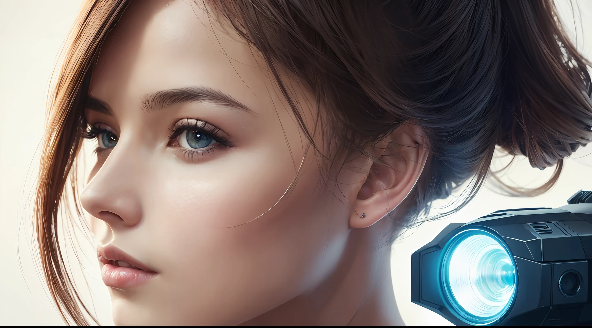 color portrait photography, ((a realistic portrait photo of a beautiful girl 21yo)), (SterreKV2:0.99), (one side up:1.4), light, ((bright skin)), looking_at_viewer, (fit body:1.0), detailed illustration, masterpiece, high quality, realistic, very detailed face, cyberpunk environment