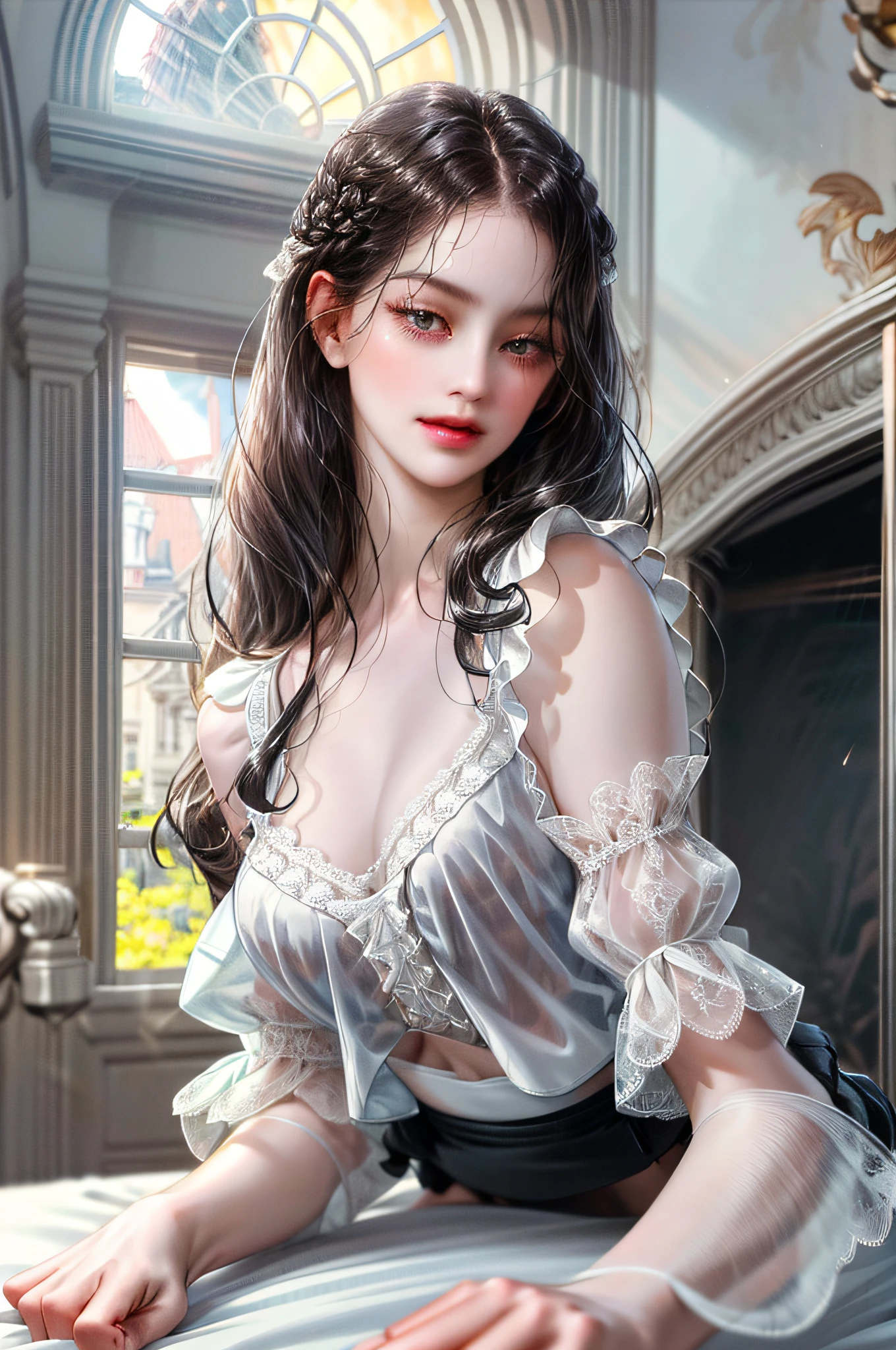 Maid in love with a young aristocratic woman Maid in love with a young aristocratic young woman (absurd, high resolution, ultra detailed), Gefax employee, sleeveless ((black lingerie)), , one with long hair, one short one behind the woman behind the woman there are windows showing the different buildings of the city (absurd, high resolution, ultra detailed), Gefax employee, one with long hair, the other short Woman, (((white sheer blouse, black mini skirt)), underwear bite, sexy pose, lower body slender, back figure, gaze by the window, buttocks sticking out, on all fours, buttocks facing forward, provocative,