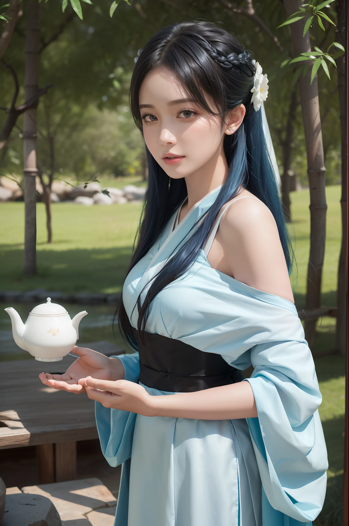 (8k, RAW photo, best quality, mastery:1.2), (realistic, photo-realistic:1.37), ultra-detailed, (high detailed skin:1.2), 8k uhd, dslr, soft light, high quality, film grain, Fujifilm XT3, professional lighting, photon mapping, radiosity, 1 girl, sky blue hair, long hair, detailed eyes, forrest fun, bare shoulders, hanfu, lake, pure, soft smile, bamboo, tea, well-dressed, perfect face, handsome, concept art, detailed face and body, award winning photography, detailed face, backlight, hyper-realistic, ray tracing, intense gaze, looking at the audience, movie lights, embers, fantasy, action pose, splash, mist, raw photo, 8k uhd, film grain,