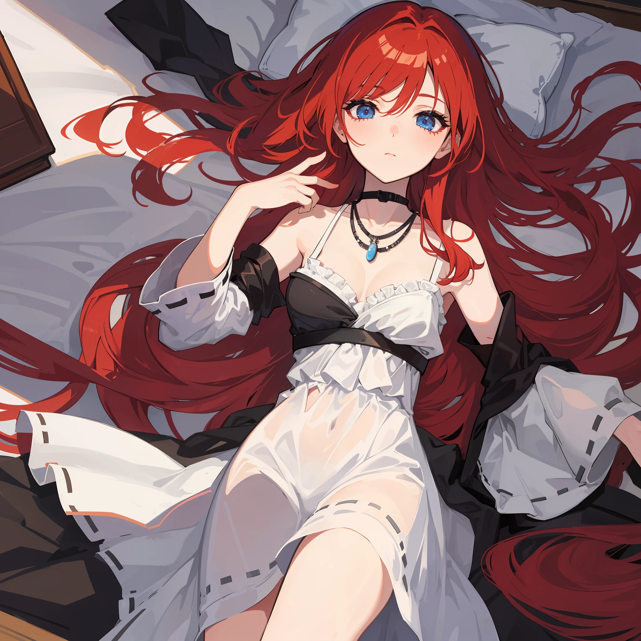 girl with long red hair and striking blue eyes lies on a bed, as if just waking up from a peaceful slumber. She wears a stylish black necklace around her neck.