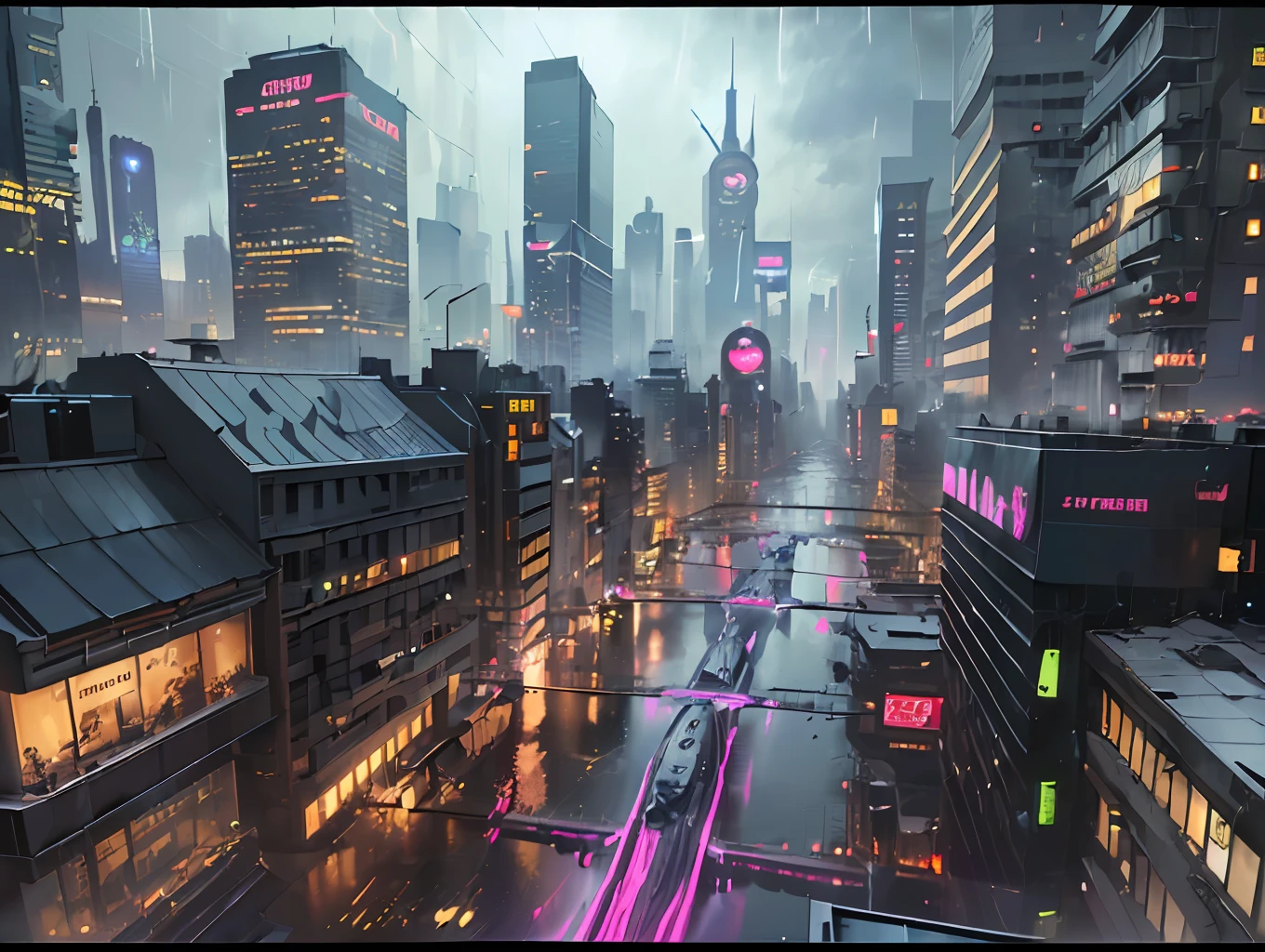 ((best quality)), ((masterpiece)), (detailed), (realistic),(official art),(extremely detailed CG unity 8k wallpaper), futuristic cityscape, skyscrapers, flying cars, neon lights, robots, cyberpunk atmosphere, (Blade Runner:1.2), (Ghost in the Shell:1.1), (Akira:1.1), (night scene:1.3), (rainy weather:1.2), (glowing reflections:1.2), (wide-angle view:1.3), (sci-fi art:1.2), (digital painting:1.2)