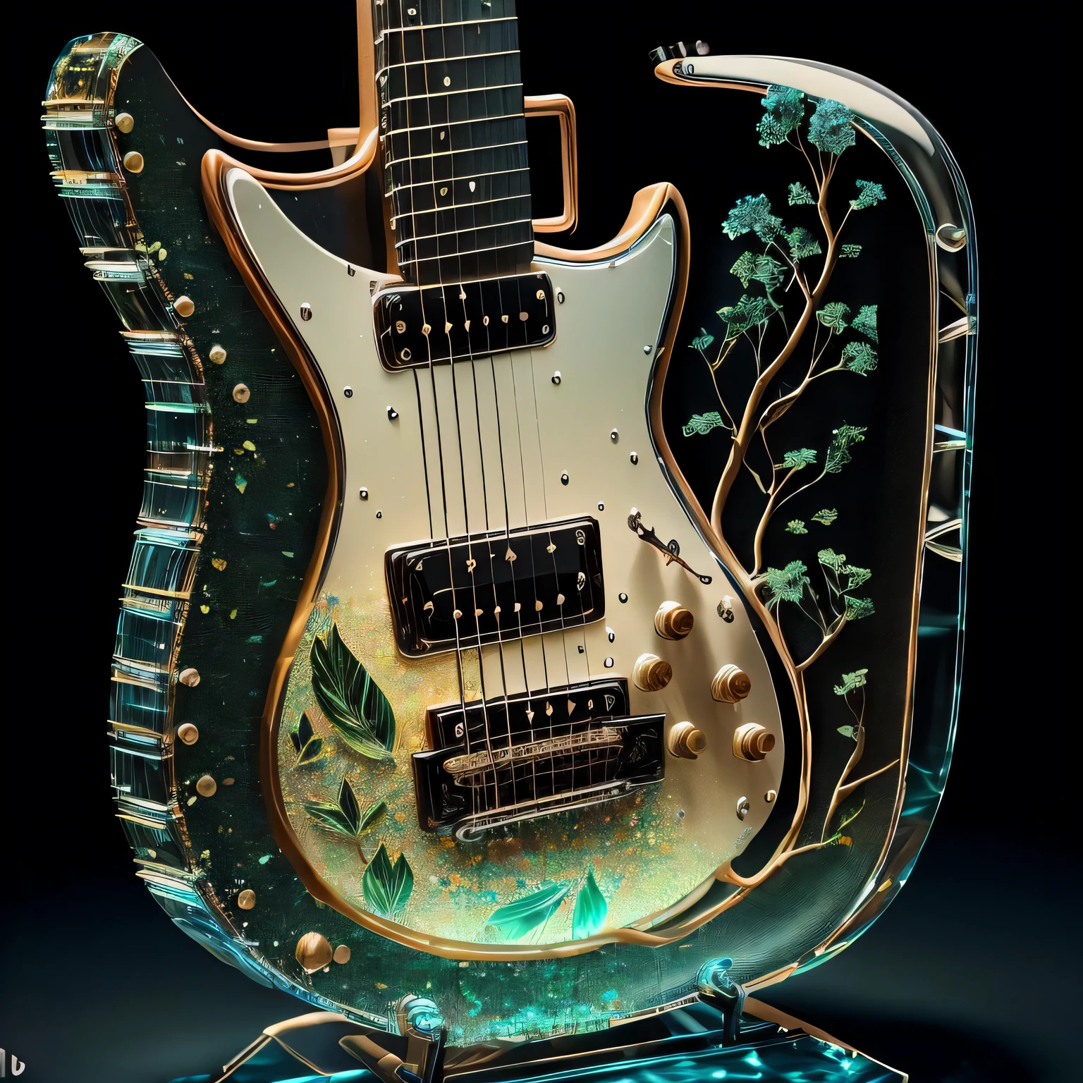 masterpiece of glass guitar with plants inside, water, glowing, crystals, high quality, high detail, best quality, rtx, 4k, 8k,