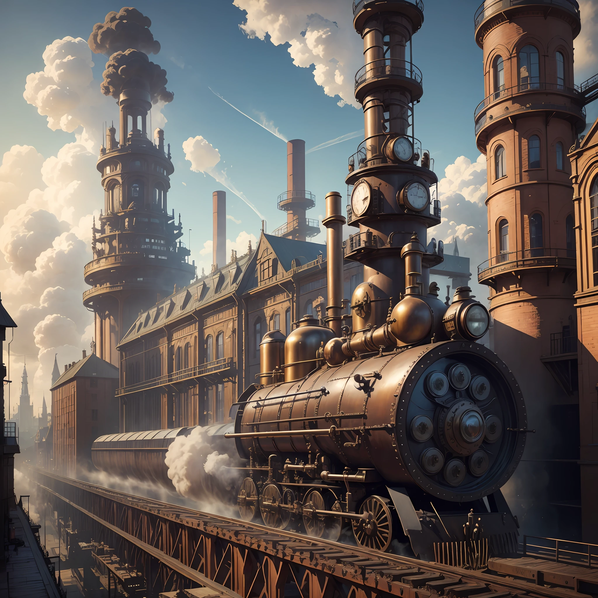 8K, steampunk era, steam-bubbling factories, exquisite medieval architecture with pipes on buildings, magnificent metropolis, steam train passing through the city, HD wide-angle shot