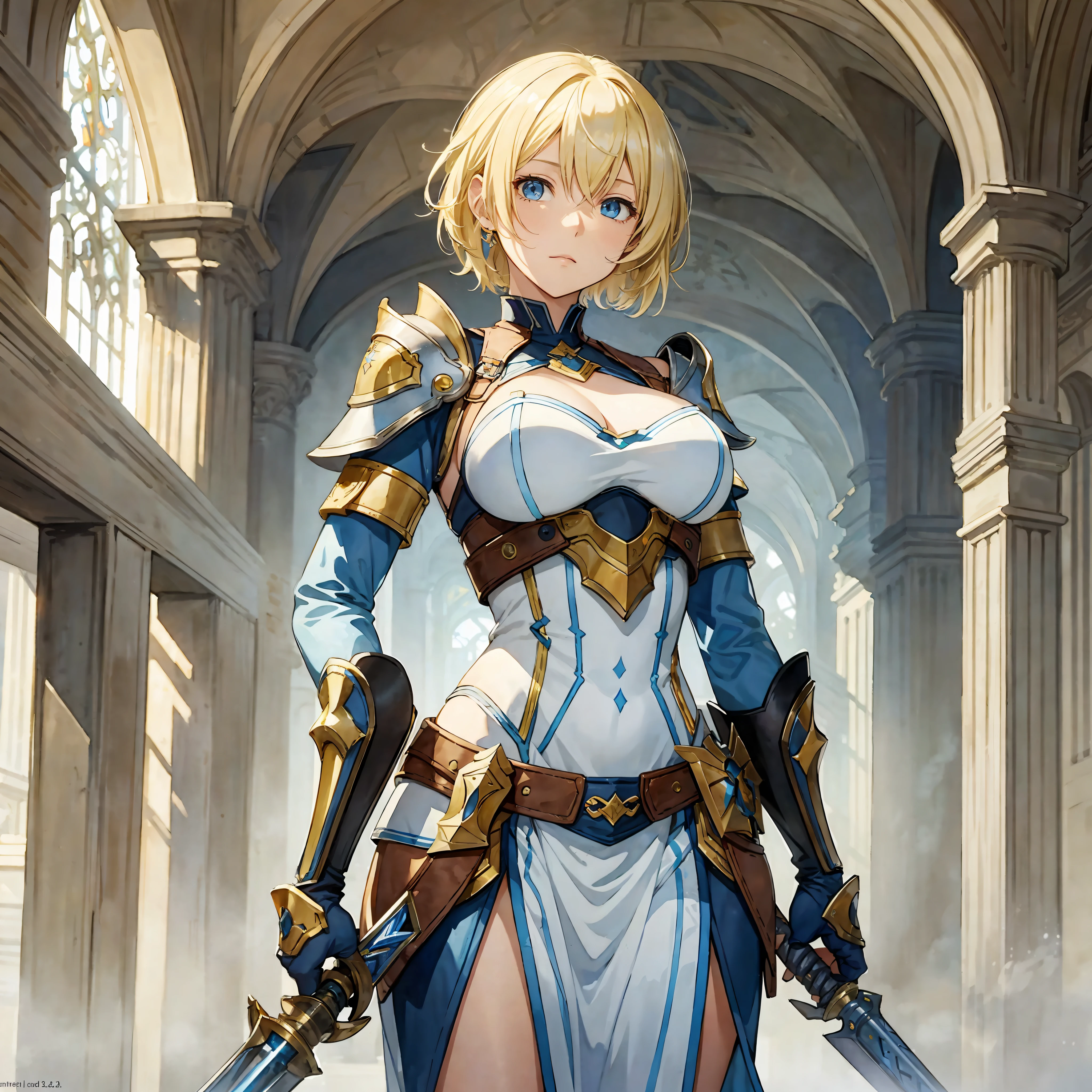 (watercolor: 1.2), cleria, mace and shield, bangs, light yellow hair, short hair, light blue eyes, hair between eyes, blurred background, high resolution, large breasts, full body, fantasy, medieval --auto --s2