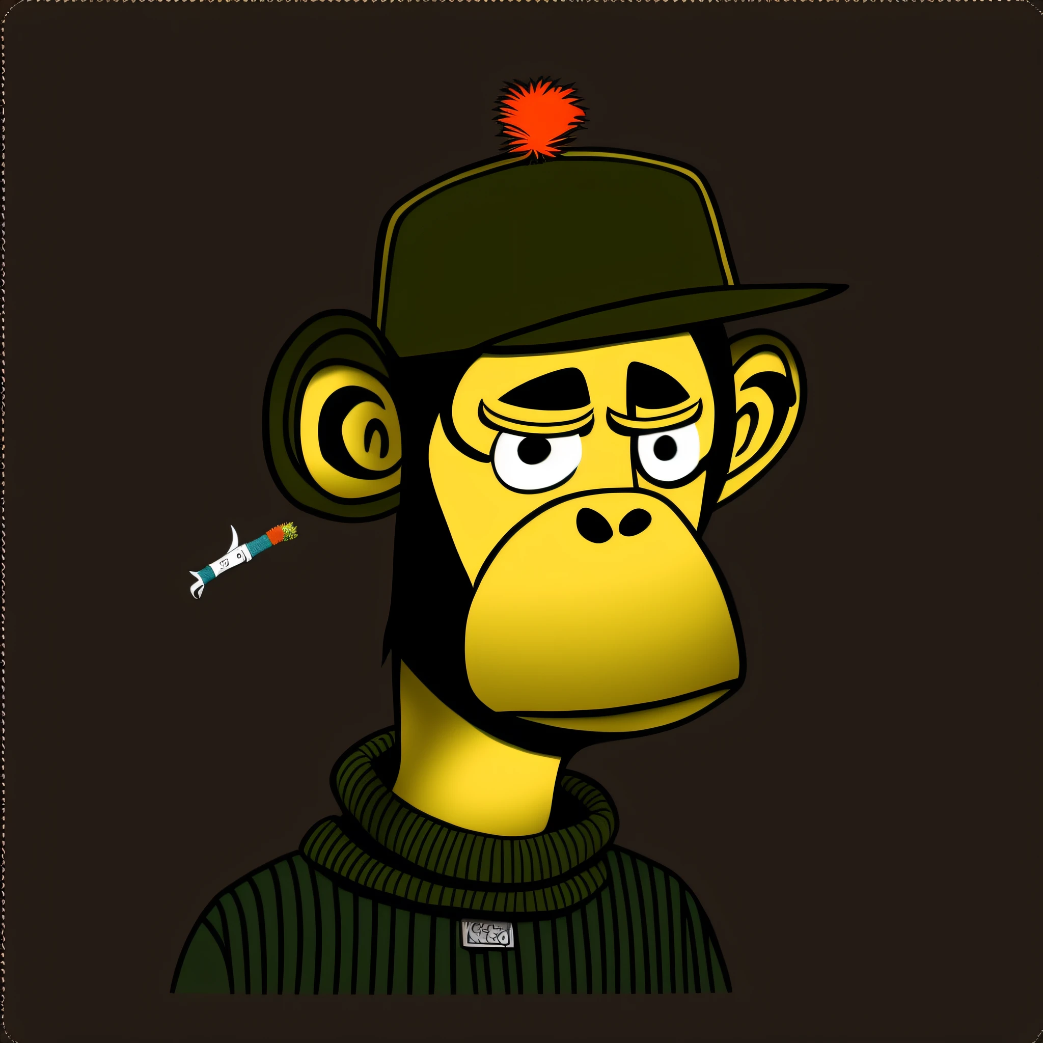 cartoon of a monkey with a hat and a syot in his mouth, bored ape nft, bored ape, inspired by Alex Petruk APe, clever monkey with a long knife, smokey, monkey, subject= chimp, gorillaz style, in style of monkeybone, cartoon artstyle, cartoon art style, gorillaz, cartoon digital painting, drawn with photoshop