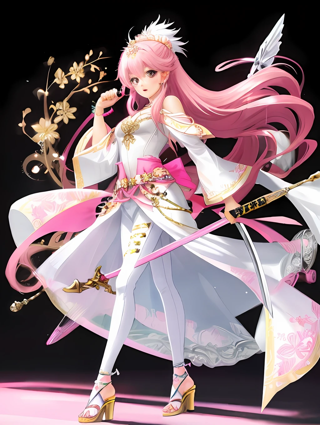 One girl, pink long hair, holding a sword, kembu, bright tone, white chiffon top, skinny jeans, white high heel sandals