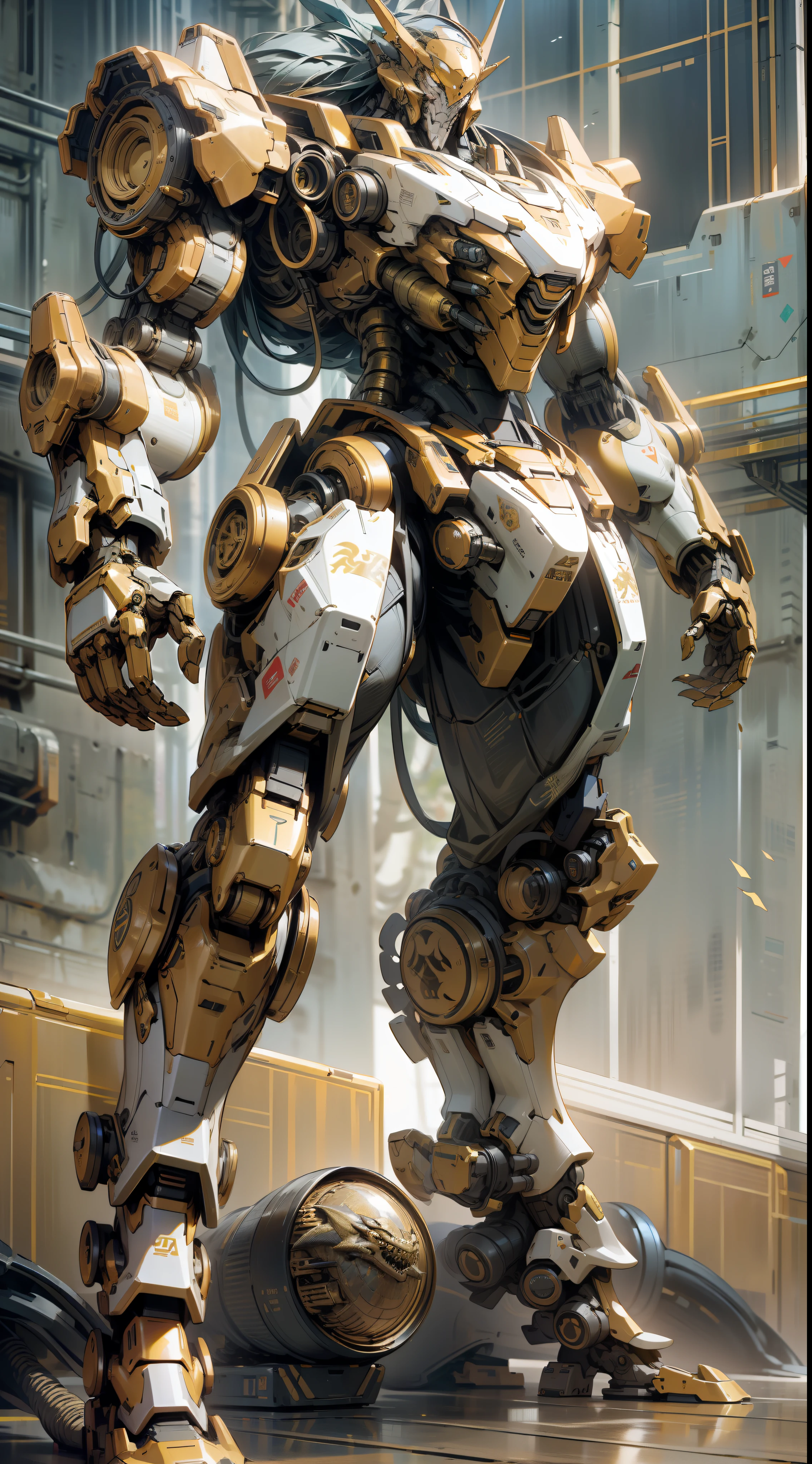 Tall mech, armor, robot, (golden can), cyberpunk style, mecha covered with dragon pattern, huge body, (complex structure), super detailed detail, ruins background, full body shot, 8K, super clear, super HD, super realistic, super real