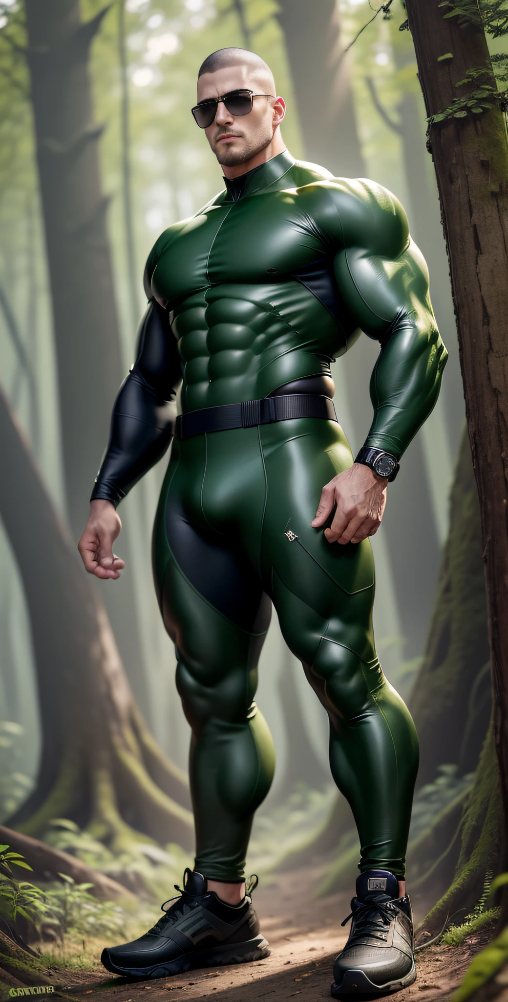 Man in green and black clothes standing in sunny forest, American round head, Buzz Cut, national character face, tall and burly, muscular male hero, heroic male pose, muscular! Wearing sunglasses, skins brand white stealth suit, super buff and cool, high resolution committee, character design police, sneakers, charismatic strong male with armor, sunlight shining through the gaps in the woods