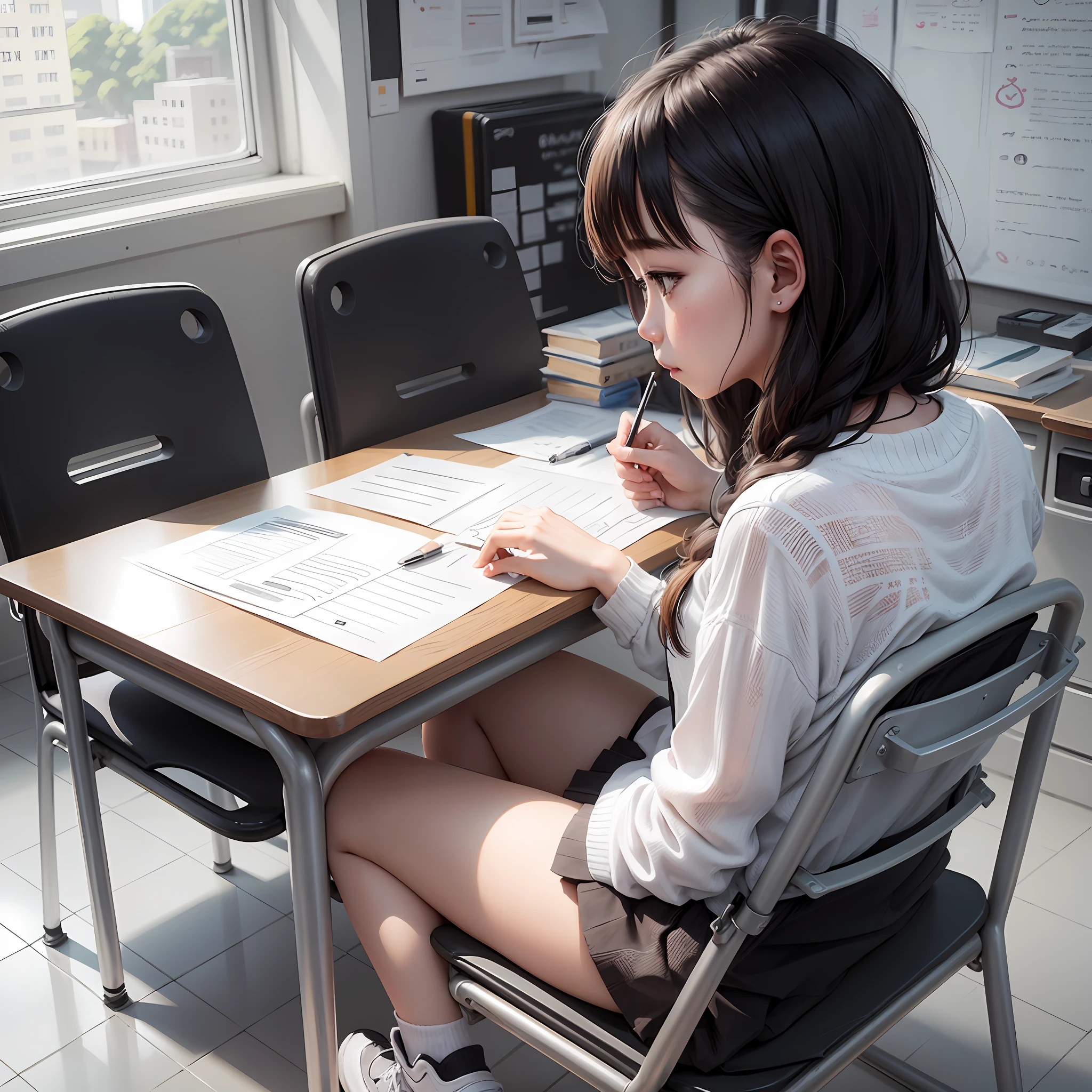 Line caricature, black and white line drawing, a girl sitting in an empty classroom --auto --s2