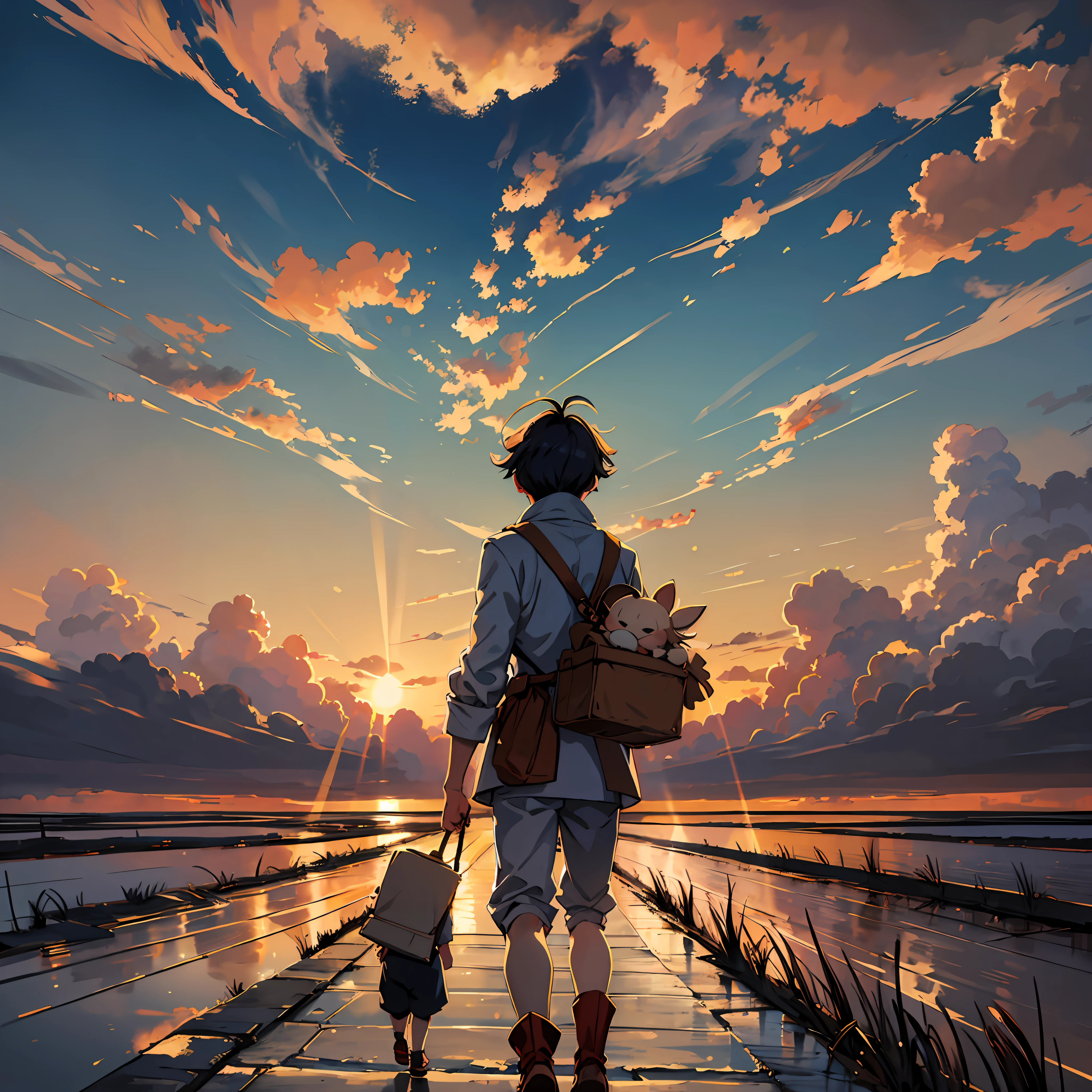 Masterpiece, anime style, at dusk, with burning clouds in the sky, the boy is carrying a strange bag, walking on the desolate land, elves surround the boy, perfect quality, clear focus --auto --s2