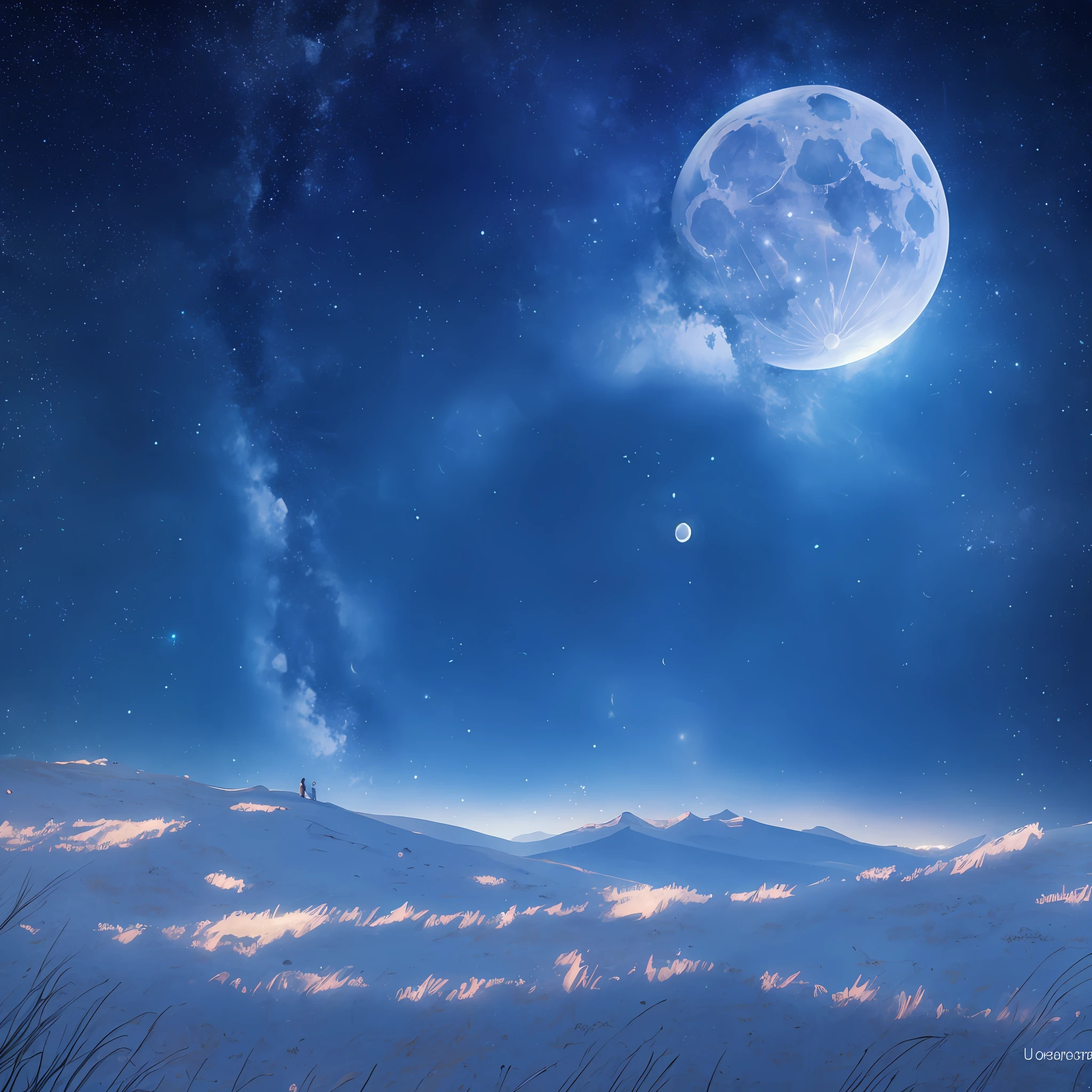 landscape, night, starry sky, moon, dreamy, surrealism, wide angle lens, UHD, retina, masterpiece, angel wings, angel, man ccurate, high quality, high detail, best quality, high resolution, 16k --auto --s2