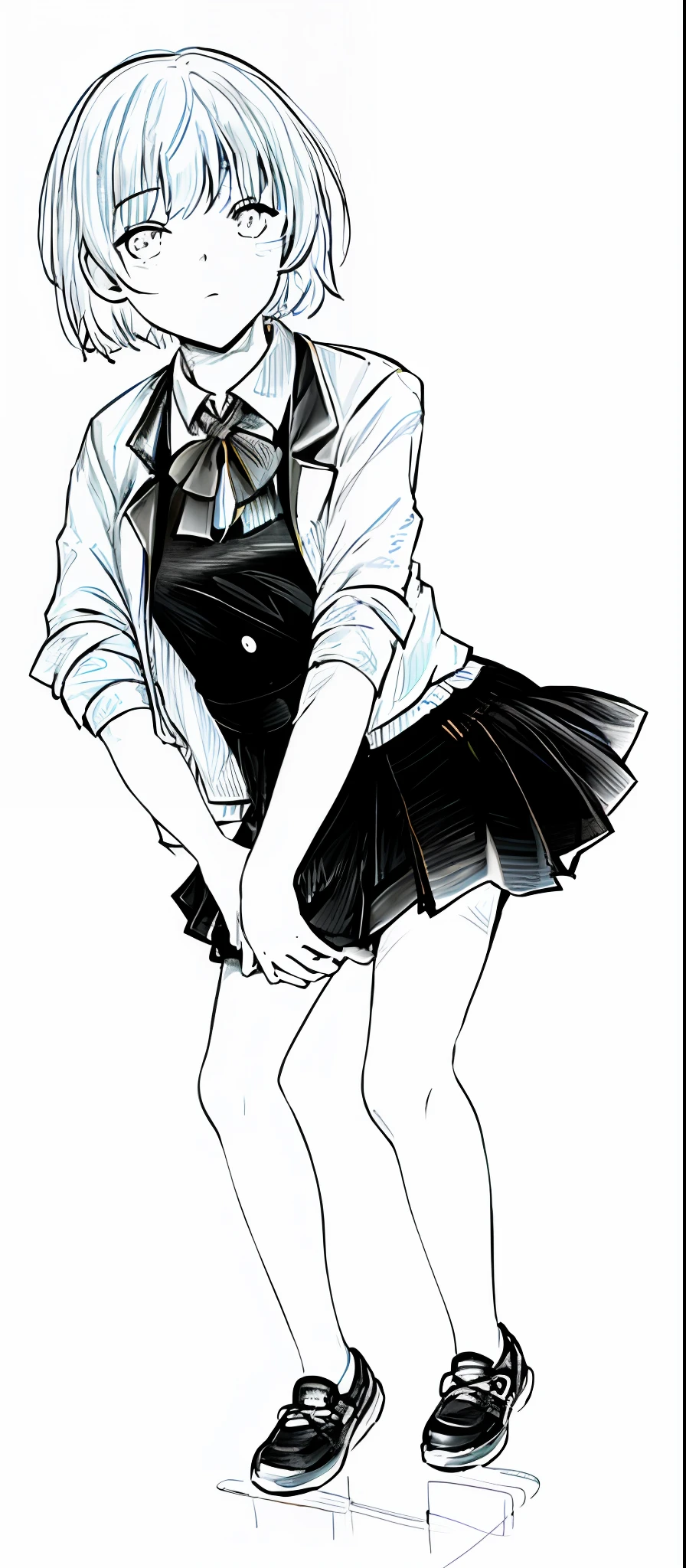 a drawing of a girl in a skirt and jacket, thick lineart, wearing a skirt, wearing skirt, full body drawing, full body portrait of a short!, clean lineart, line sketch, perfect lineart, simple lineart, full body grayscale drawing, full body character drawing, lineart, thick black lineart, sharp lineart, outline sketch