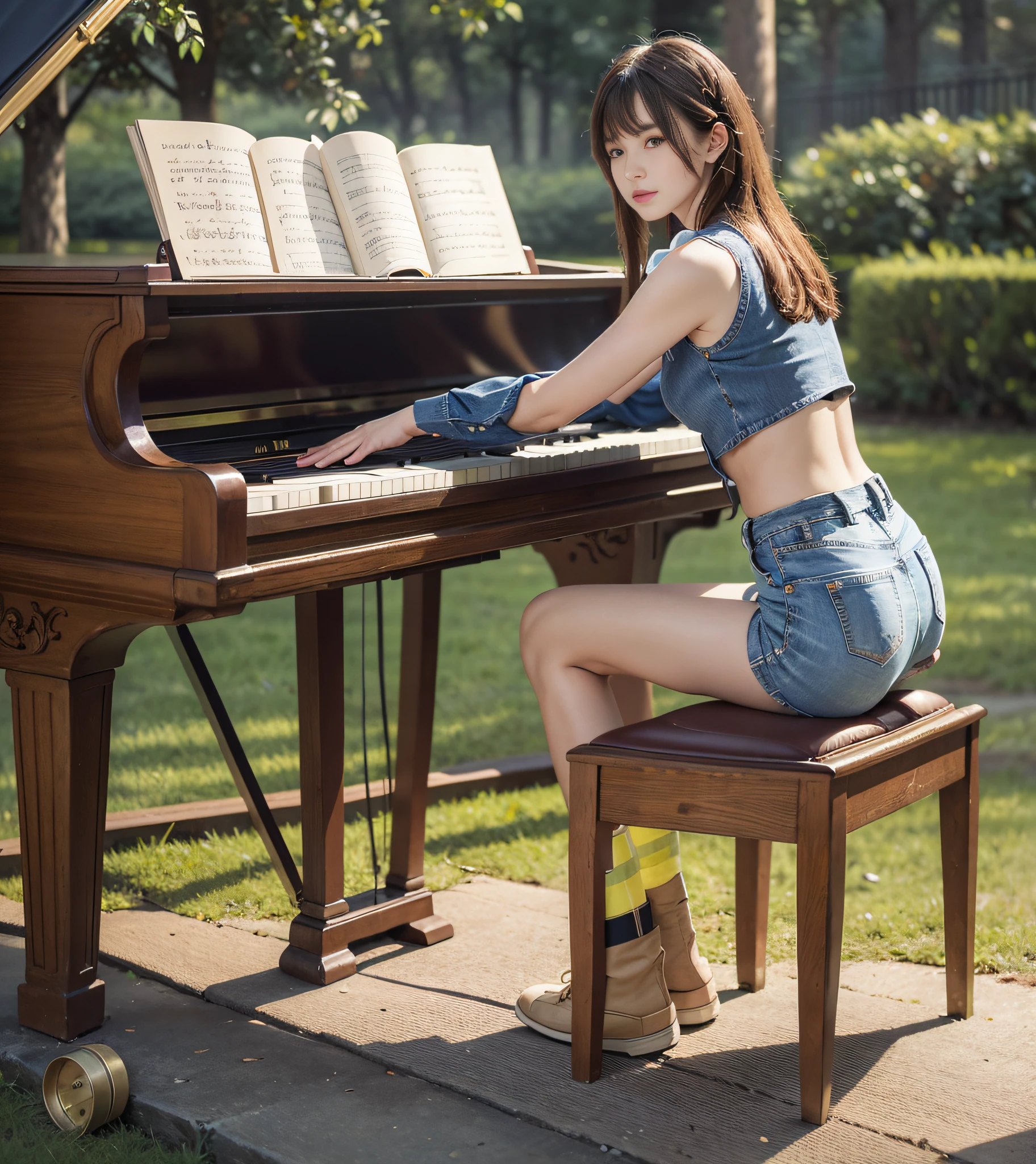 Highest quality, outstanding detail, super high resolution, (fidelity: 1.4), best illustration, favor details, evening, highly condensed 1girl, back, playing piano, surrounded by a group of fireflies, pale yellow plaid vest, denim shorts, delicate skin, delicate makeup, upper body, close-up, 8k, RAW photo, best image quality, masterpiece, realism, divided bangs, long hair,