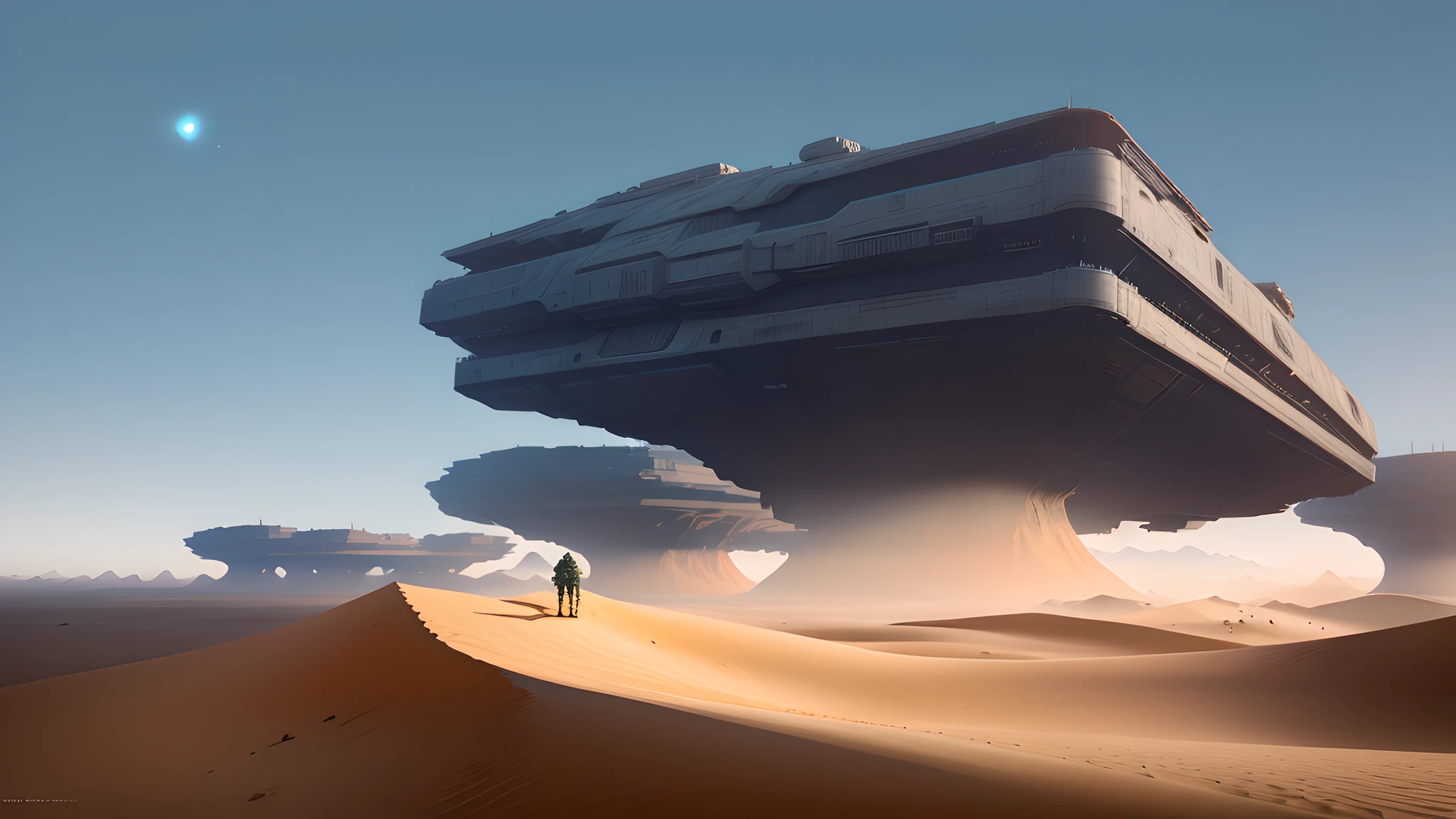 There is a man walking in the sand near some large square structures that float in the air, cubic, underneath he has a large hole through which he sucks a lot of sand, Jessica Rossier Fantasy Art, by Christopher Balaskas, Sci Fi Epic Digital Art, by Jessica Rossier, Star Wars Architecture, 4K Concept Art, 4K Concept Art, Star Wars Concept Art, Concept Art 8 K, Stunning Sci-Fi Concept Art, Inspired by Jessica Rossier