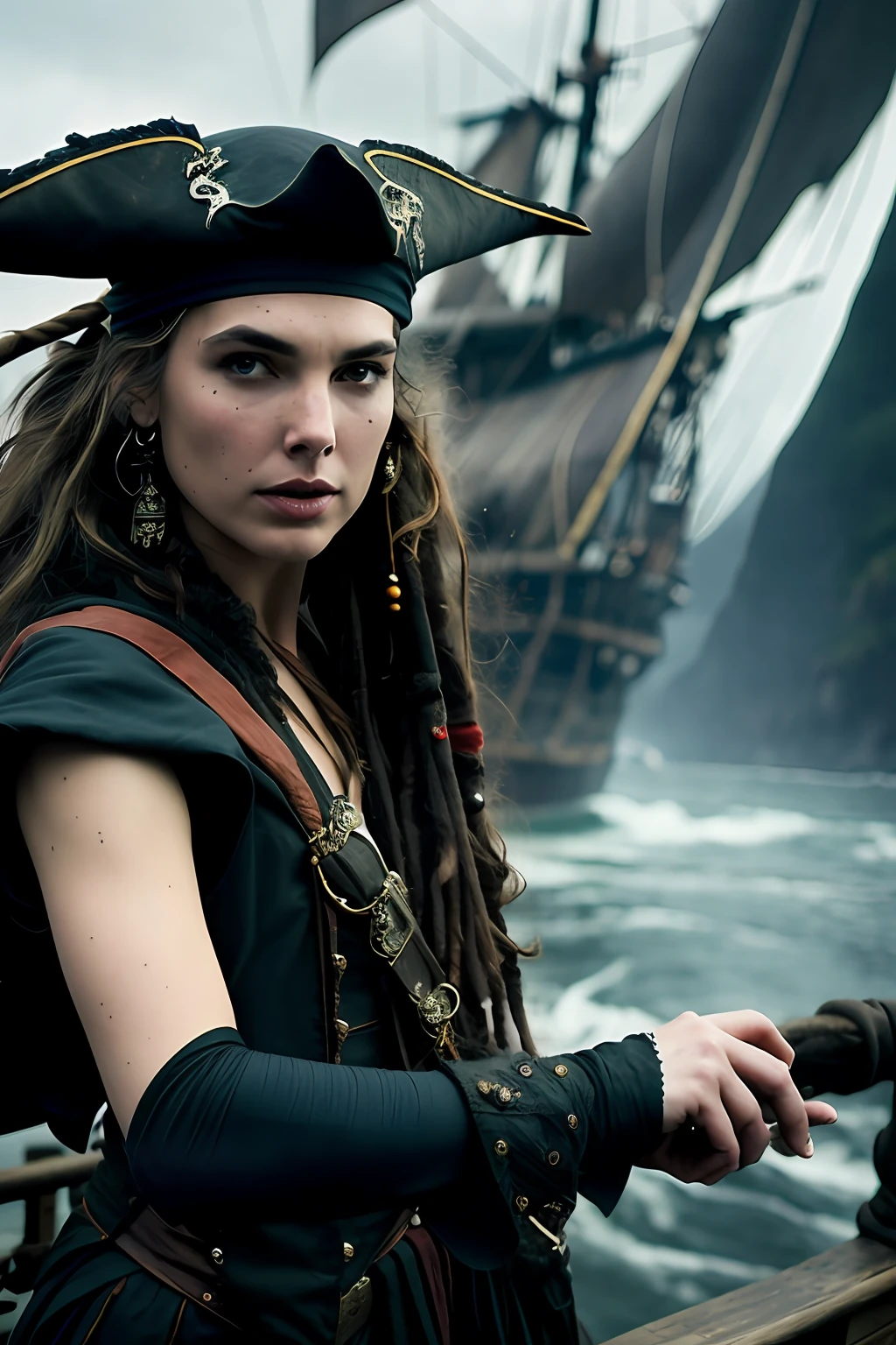 dramatic lighting, high quality, cinematic film, (attractive Gal Gadot, wearing dirty and tattered pirate costume, standing on the deck of the pirate ship moored in the Caribbean port), dark and dirty atmosphere, toned body, (torn clothes: 0.8), perfect face, looking at the viewer, (detailed skin), [tattoos], [freckles], ((dirty)), (muddy), (storm clouds: 0.7), (storm weather:  0.5), dull, natural lighting, (direct light:0.4), 8mm film grain, shot on Sony a9 II, 24mm lens, F/2.8 aperture, deep focus, (RAW), 8k, (still from The Lost Pirate Kingdom)