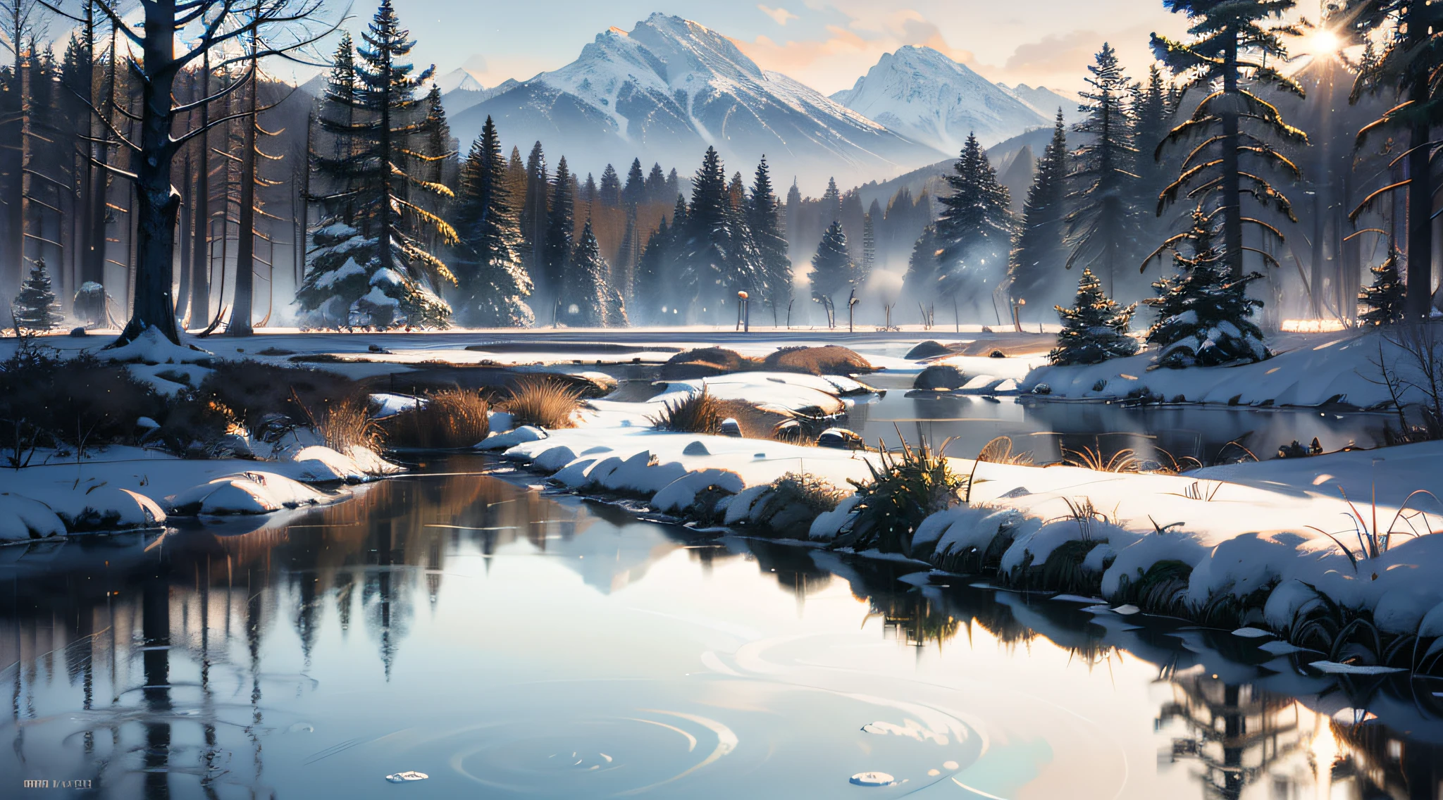 Wallpaper, cold dew season, water, woods, mountains, cold weather, HD details, wet watermark, hyperdetail, cinematic, surrealism, soft light, deep field focus bokeh, ray tracing, diffusion (ultra-fine glass reflections) and surrealism. --v6