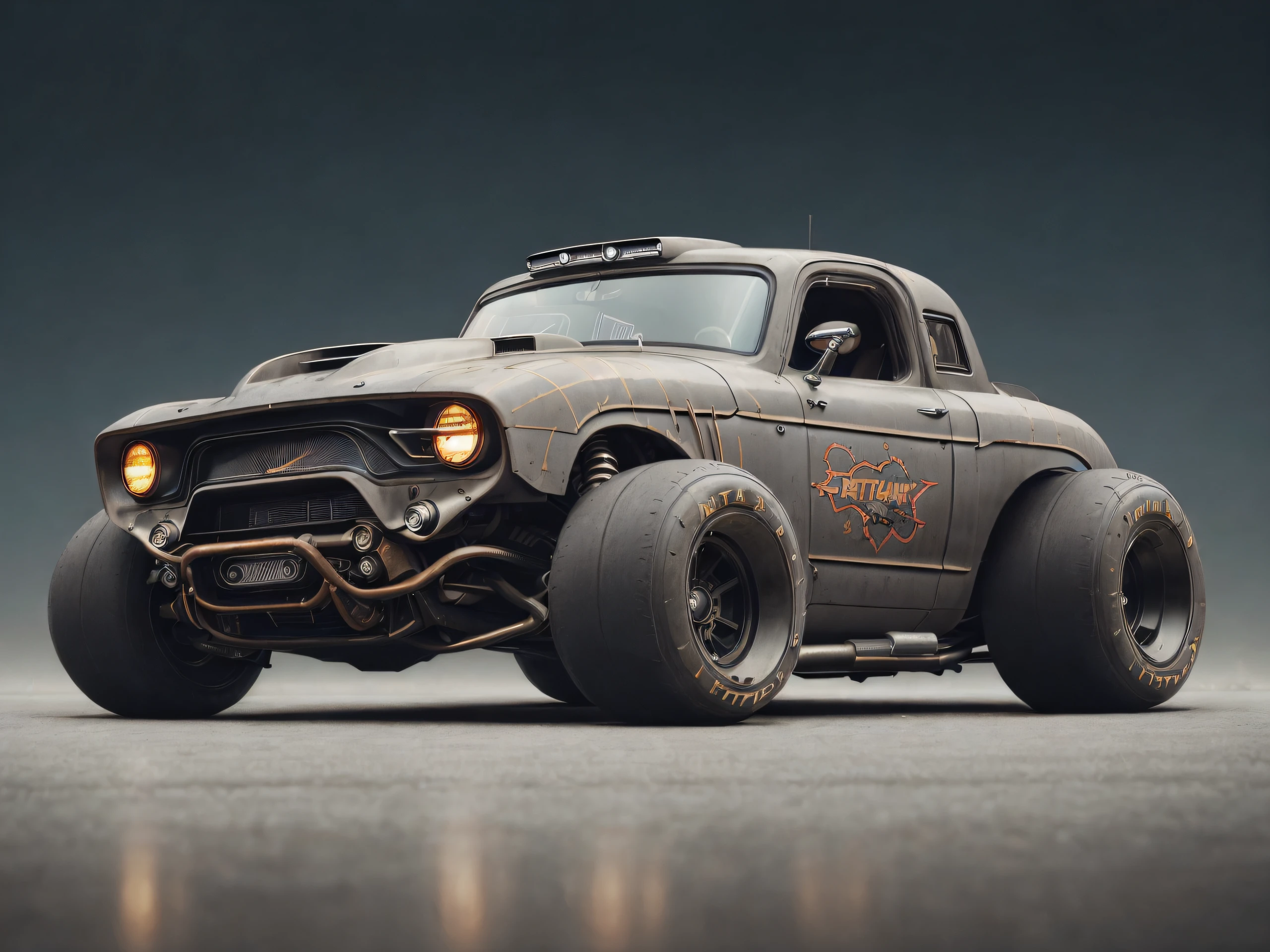 (((low-slung tuned futuristic cyberpunk black badass rat rod zeekars))) hotrod, at the parking lot, wide tires, at night city,