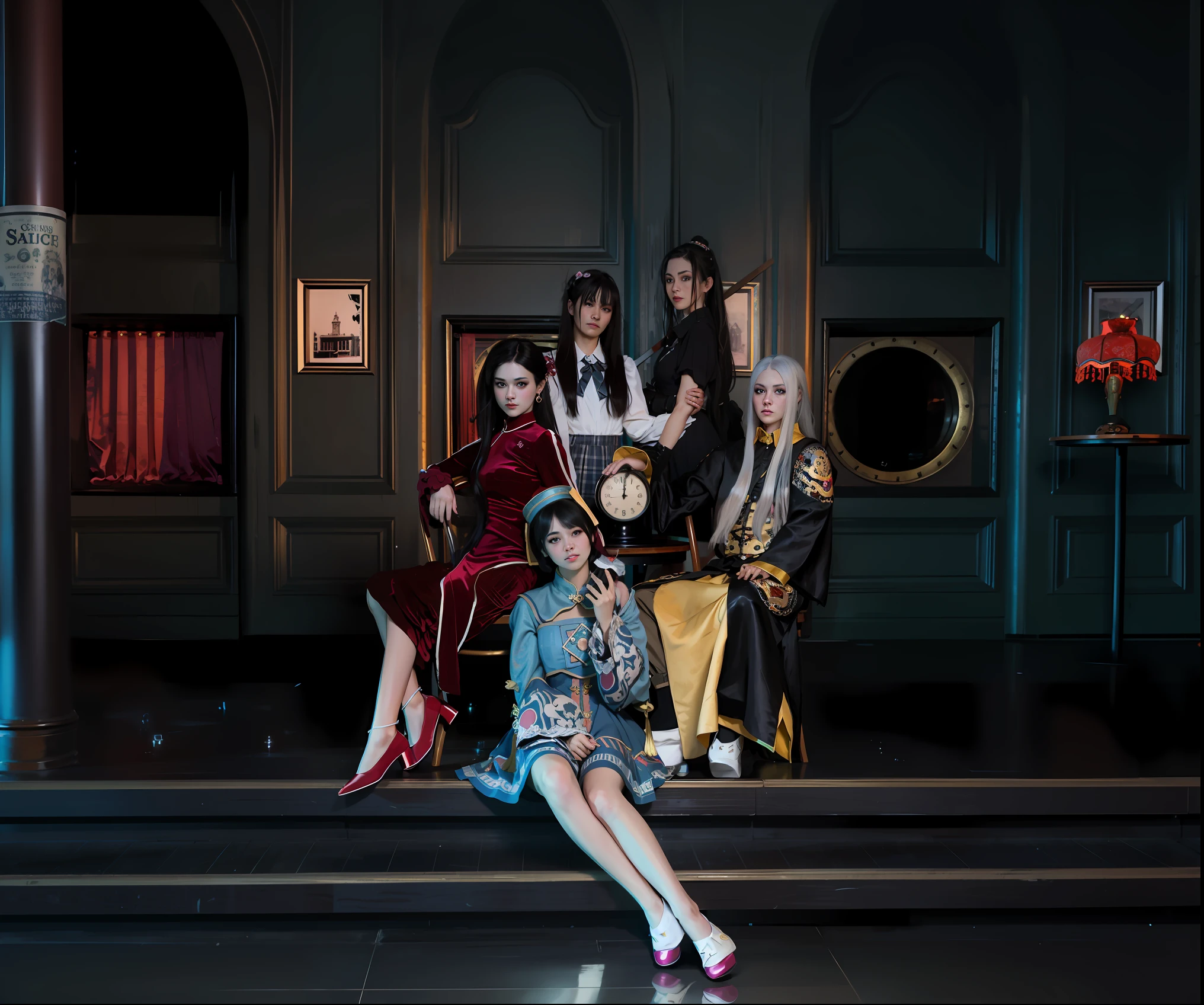 there are many women sitting on a step with a clock, rococo cyberpunk, cosplay photo, taken with canon eos 5 d mark iv, taken with canon 5d mk4, victorian gothic lolita fashion, anime cosplay, each wearing correct era clothes, fantasy photoshoot, promotional shot, photo still of, magic uniform university, portrait shot, promo shot, lunar themed attire