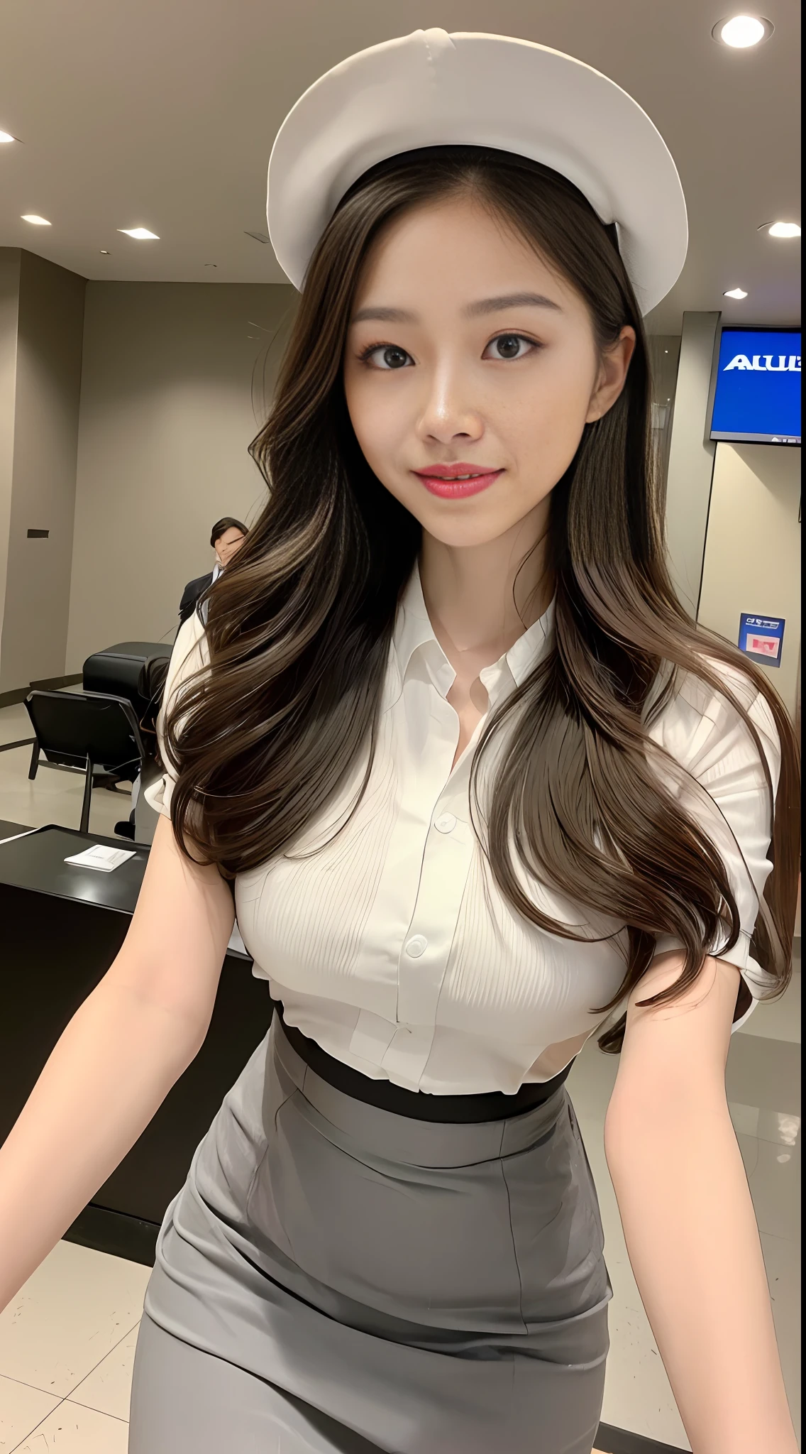 ((, Acura, 8K, Masterpiece:1.3)), Full body, bust, long legs, focal length: 1.2, Perfect body beauty: 1.4, Slim abs: 1.1, (Light gray wavy long hair, Big breasts: 1.2 )), (Flight attendant uniform, Flight attendant skirt, Flight attendant hat: 1.46), (Airport lobby: 1.3), Highly detailed face and skin texture, Detailed eyes, Double eyelids, ((Ultra white skin, oil skin, delicate and smooth: 1.3)), rosy and shiny lips, Cute big eyes, charming smile
