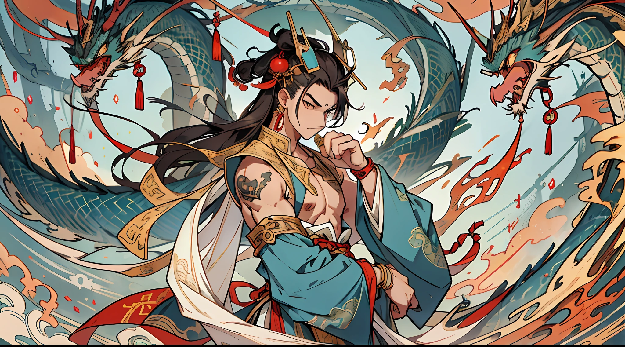 best quality, 4K, solo, (anime: 1.2), (big nipple: 0.5), (male: 1.5), (juvenile: 1.2), a Chinese dragon horn on the head, earrings on the ears, bracelets on the wrists, (metal ankle rings on the ankles: 0.8), ancient Chinese style, (upper body: 0.3), (bare shoulder: 0.8), long hair, (fair skin: 1.5), dance moves