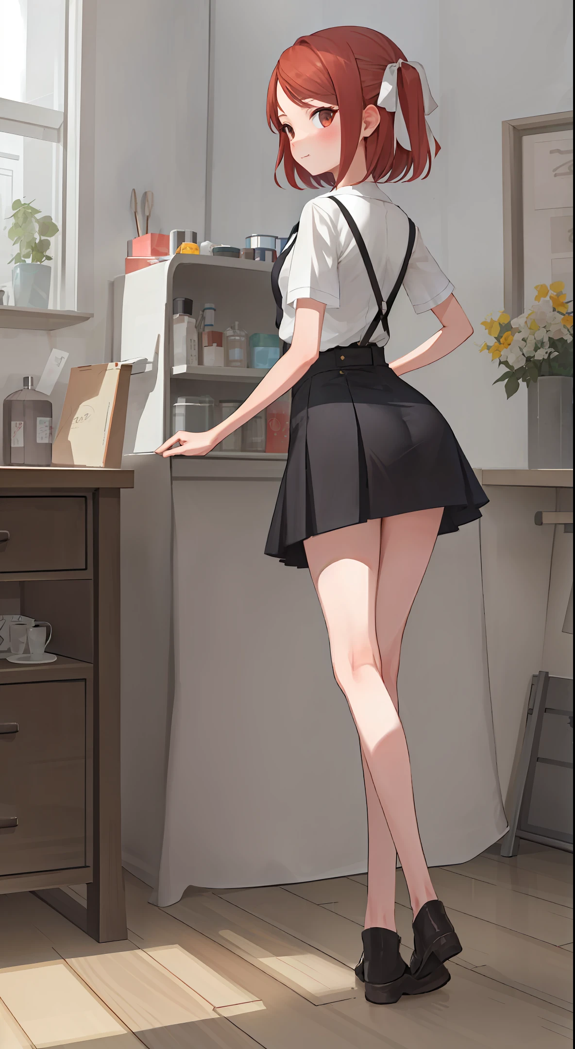 masterpiece, best quality, 1girl, detailed ass view, latina, short red hair, cloth view, mutiple different views, fullbody, standing model pose, skirt, indoor, (PureErosFace_V1:0.7)