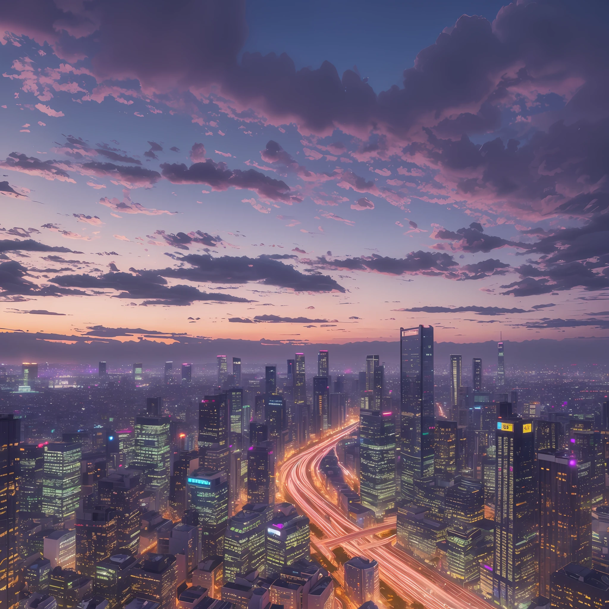 highest image quality, evening sky, Makoto Shinkai, skyscrapers in Shinjuku, purplish clouds, 8k image, --auto --s2