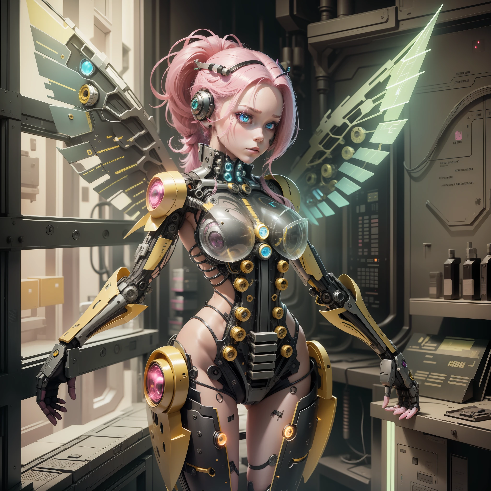 Fluttershy Cyborg Girl, Fluttershy of My Little Pony, Bio Organism, Non-Human, Mechanical Parts, Mechanical Yellow Wings, Metal Wings, Bionic Body Parts, Red Glowing Eye, Full Growth, Pink Hair, Blue Eyes, Full Body, Very Detailed, Ultra 8k Quality, Broken Parts, Holes in Mechanisms, Cybernetic Organism, Automaton in Hand, Laboratory, Lots of Pink, Lots of Yellow