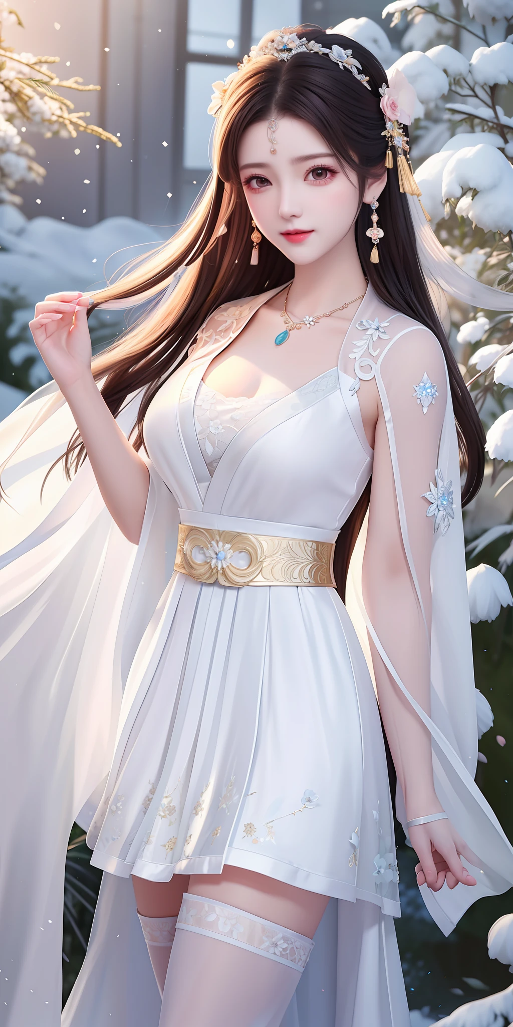 Best quality, masterpiece, high resolution, 1girl, transparent silk porcelain dress, cotton robe, hair accessories, smile, shut up, lips, dress skirt, hair accessories, necklaces, jewelry, hanfu, long hair, earrings, delicate beautiful eyes, delicate eyelashes, beautiful face, human body, Tyndall effect, realism, edge lighting, two-tone lighting, (high detail skin: 1.2), 8k uhd, dslr, soft light, high quality, volumetric lighting, sneak, photos, high resolution, 4k, 8k , background blur, In the garden, (big breasts: 0.75), chest cutout, lace, full body, short skirt, white stockings