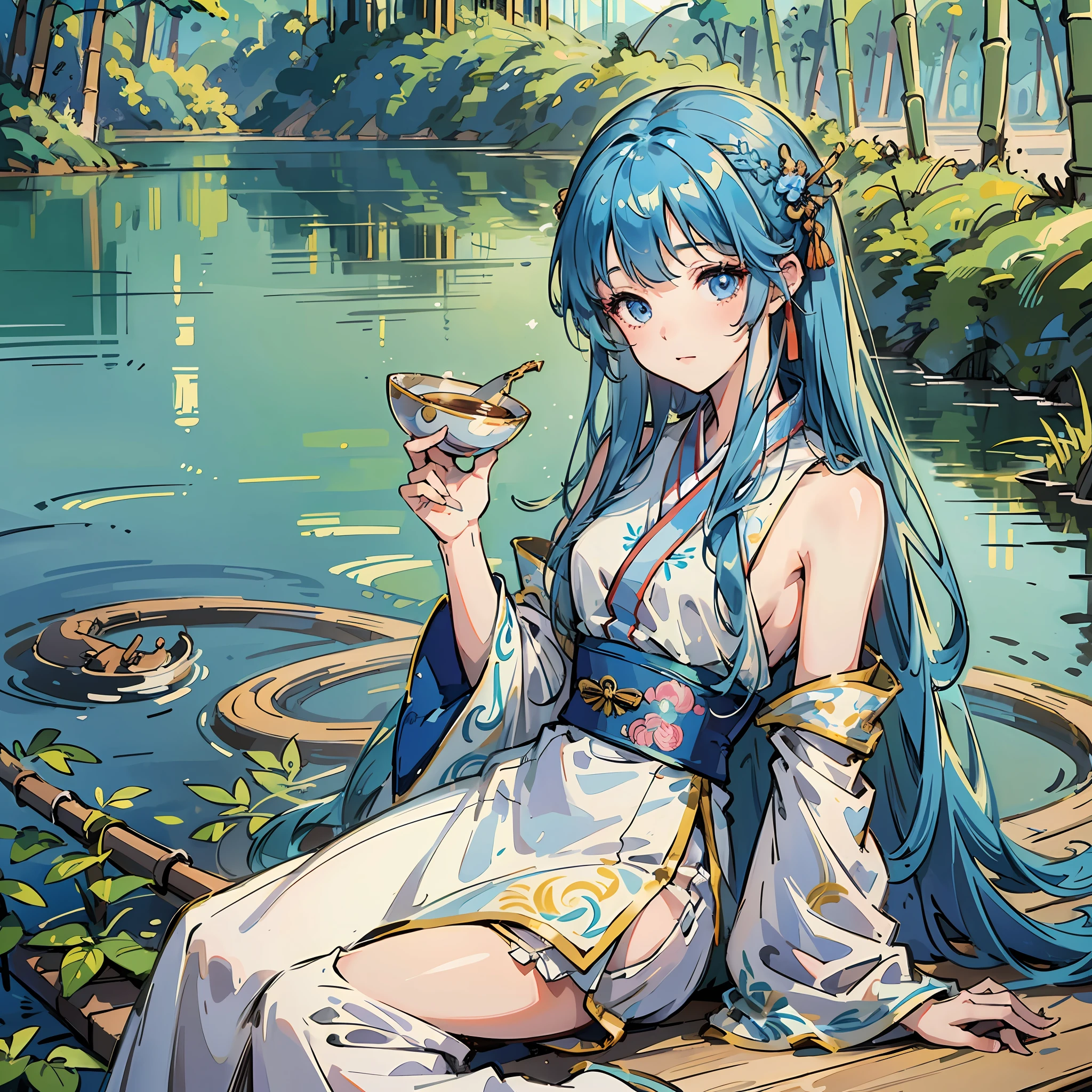 Masterpiece, Best Quality, Official Art, 8k Wallpaper, Very Detailed, Illustration, 1 Girl, Sky Blue Hair, Long Hair, Detailed Eyes, Forrest Gump, Bare Shoulders, Hanfu, Lake, Pure, Soft Smile, bamboo, tea --auto --s2