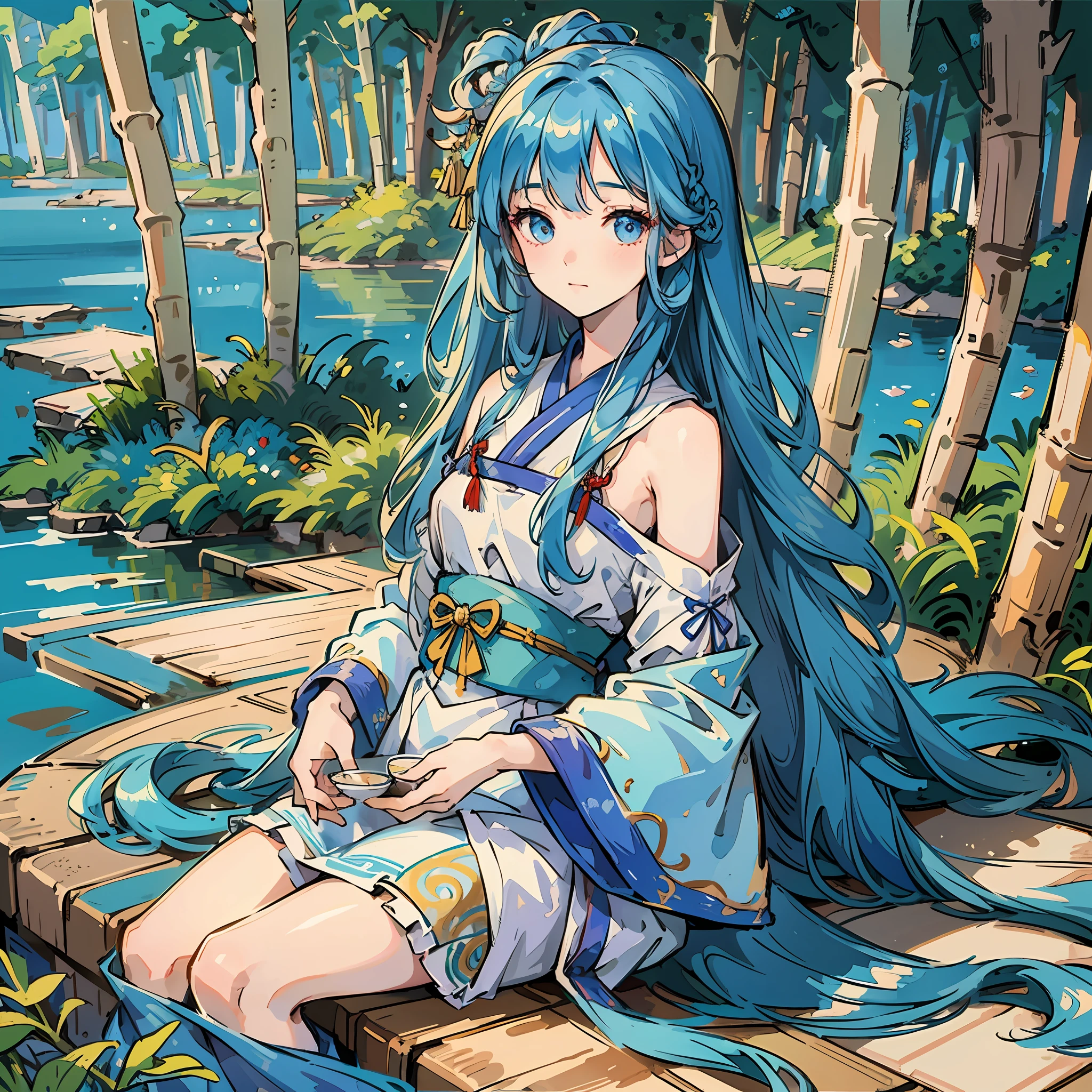 Masterpiece, Best Quality, Official Art, 8k Wallpaper, Very Detailed, Illustration, 1 Girl, Sky Blue Hair, Long Hair, Detailed Eyes, Forrest Gump, Bare Shoulders, Hanfu, Lake, Pure, Soft Smile, bamboo, tea --auto --s2