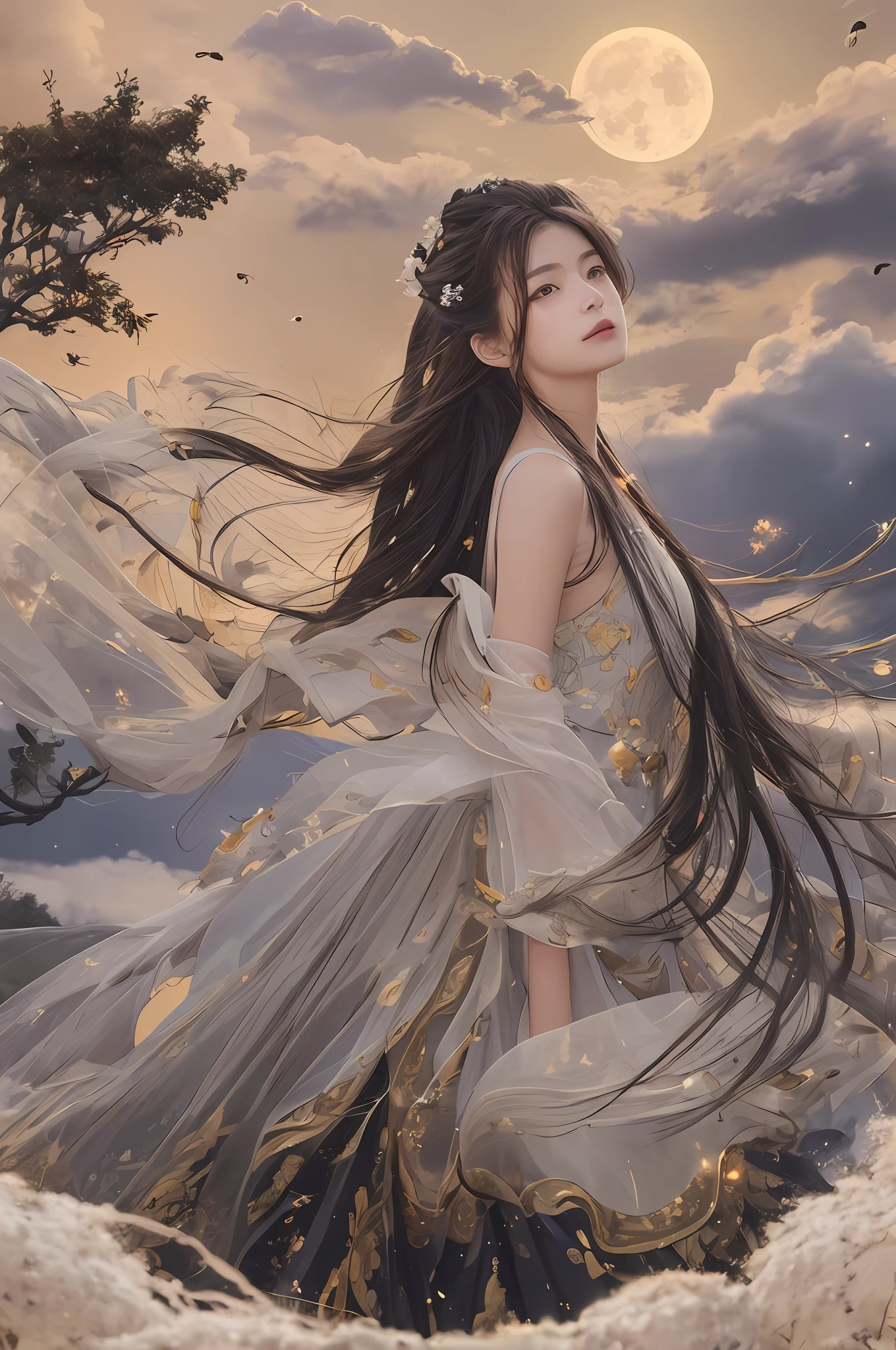Masterpiece, best quality, night, hills, clouds, full moon, long hair, woman, silhouette, firefly. Real people, real people