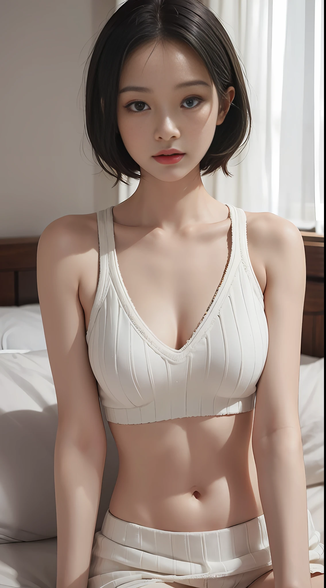 Woman in bed, ((top quality, 8k, masterpiece: 1.3)), sharp focus: 1.2, beautiful woman in perfect shape: 1.4, slender abs: 1.2, ((layer cut, large: 1.2)), (rain, street: 1.2), wet body: 1.5, very detailed face and skin texture, detailed eyes, very short hair, erotic face, , slave, white knitted,