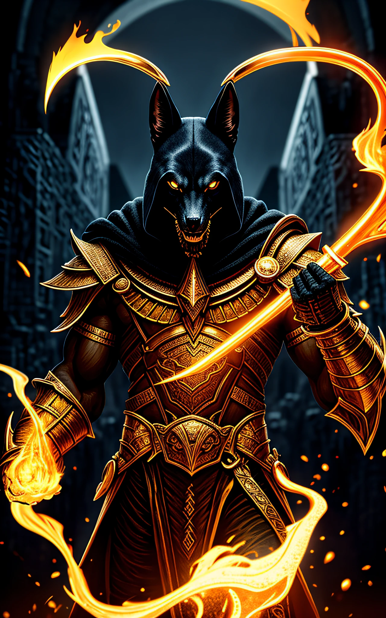 (high quality), photorealistic, (oil painting)
jewelry, (solo),
(dynamic pose), towards right, ((hell gate)), fire, hell landscape, (the underworld), (dark landscape),
anubis, egyptian jackal headed god, anthro, muscular, (holding golden scales), dynamic pose, cinematic, dramatic camera angle, golden armor:0.25, black & gold cape, holding a n axe,(good anatomy), (good proportions), award winning, masterpiece, centered,