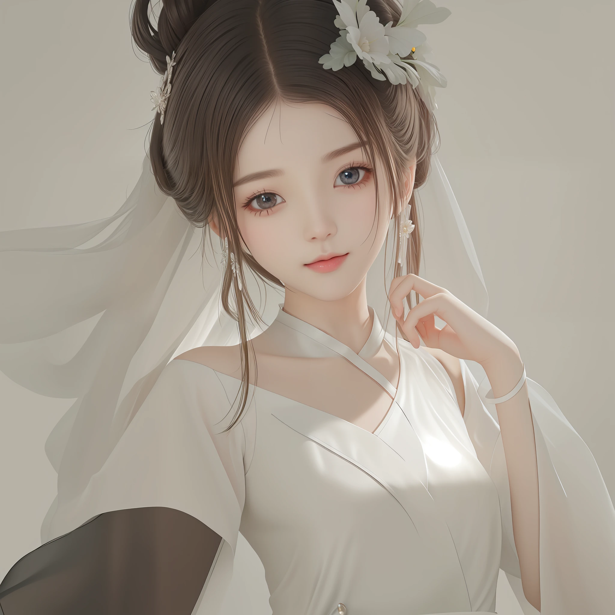 There is a woman sitting at the table, girl in white uniform, suspenders, off-the-shoulders, feminine, gorgeous, stunning, charming, cute, delicate wrists, elegant neck, bare shoulders, smooth skin, slender waist, clear face, masterpiece, super detail, epic composition, ultra hd, high quality, extremely detailed, official art, uniform 8k wallpaper, super detail, 32k