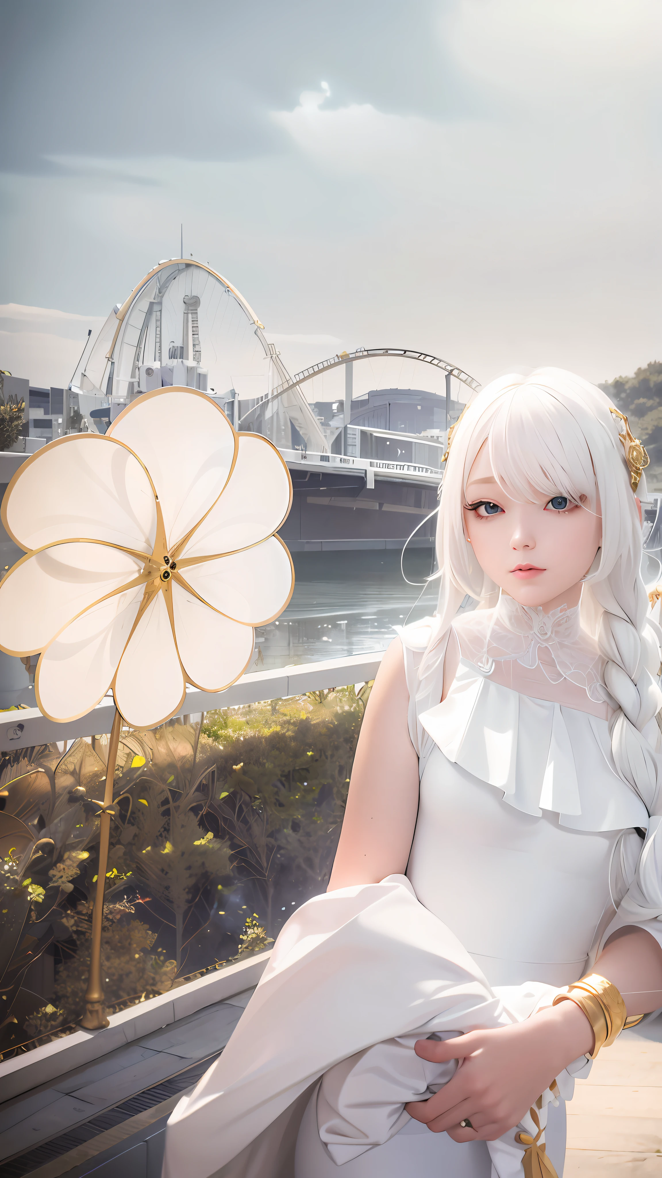 Excellent, masterpiece, white hair, golden eyes, white clothes, looking up, upper body, hair, fair skin, side braids, big breasts, thin body