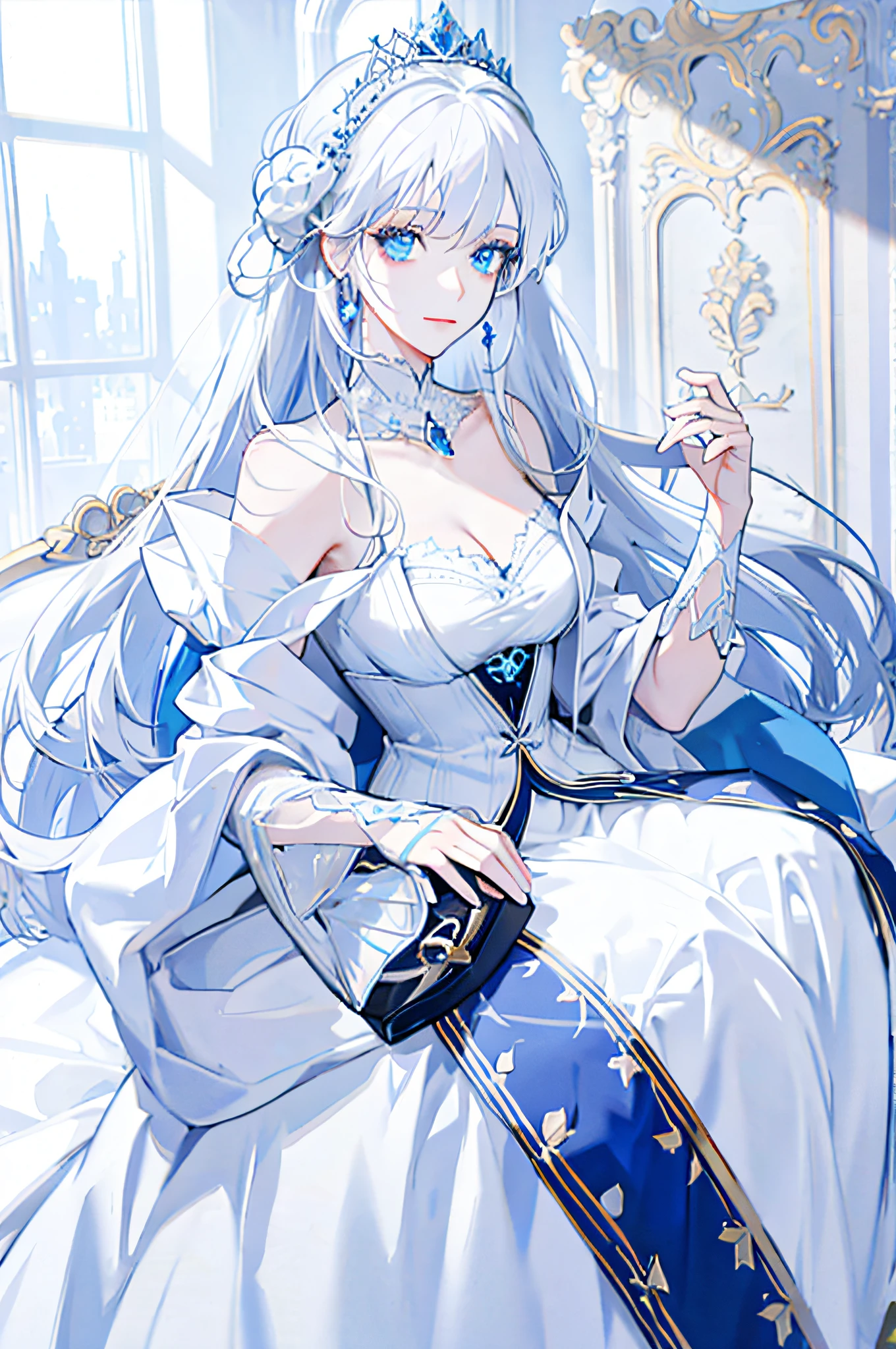 White-haired woman light blue eyes royal princess aristocratic beautiful woman adult woman sexy woman white dress, super high detail, super high resolution, 8k,