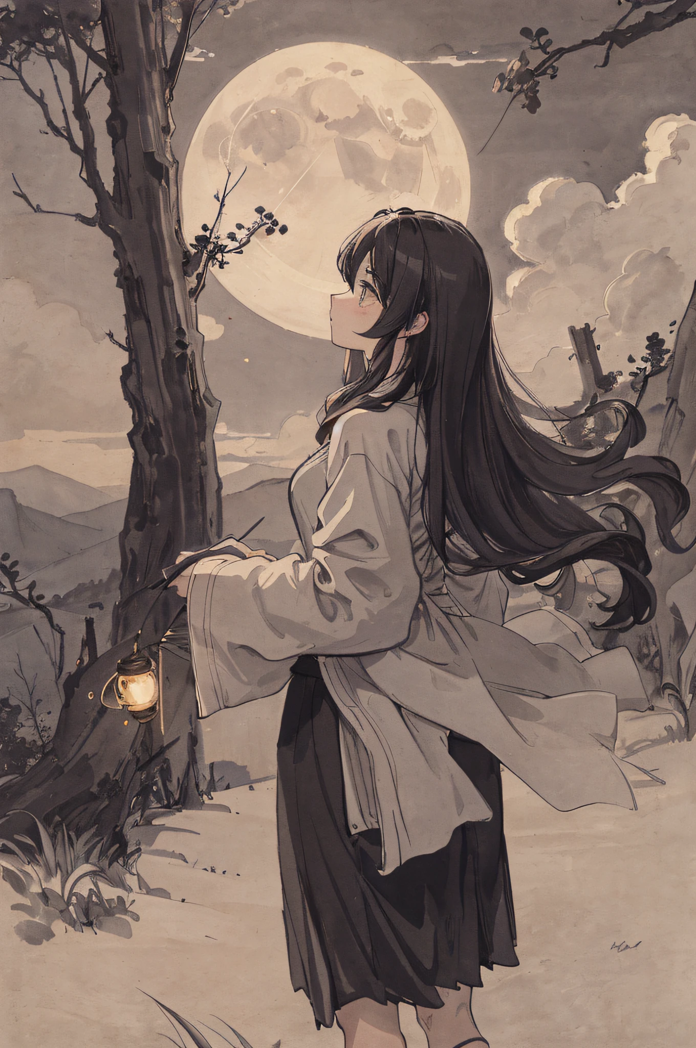 Masterpiece, best quality, night, hills, clouds, full moon, long hair, woman, silhouette, firefly.