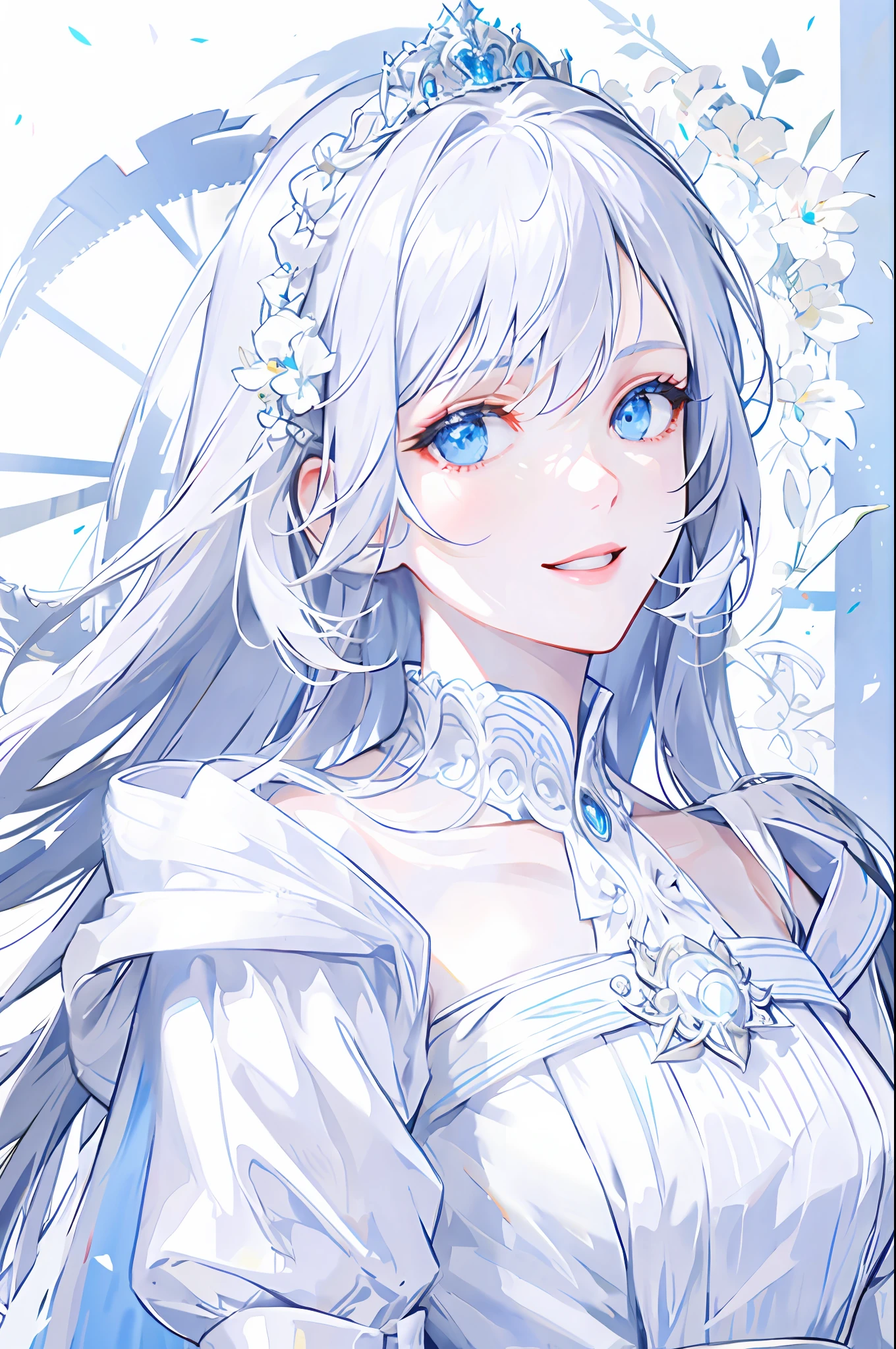 White hair, light blue eyes, woman in white dress, smile, detailed face, high quality, royalty, noble princess, elegant and pure
