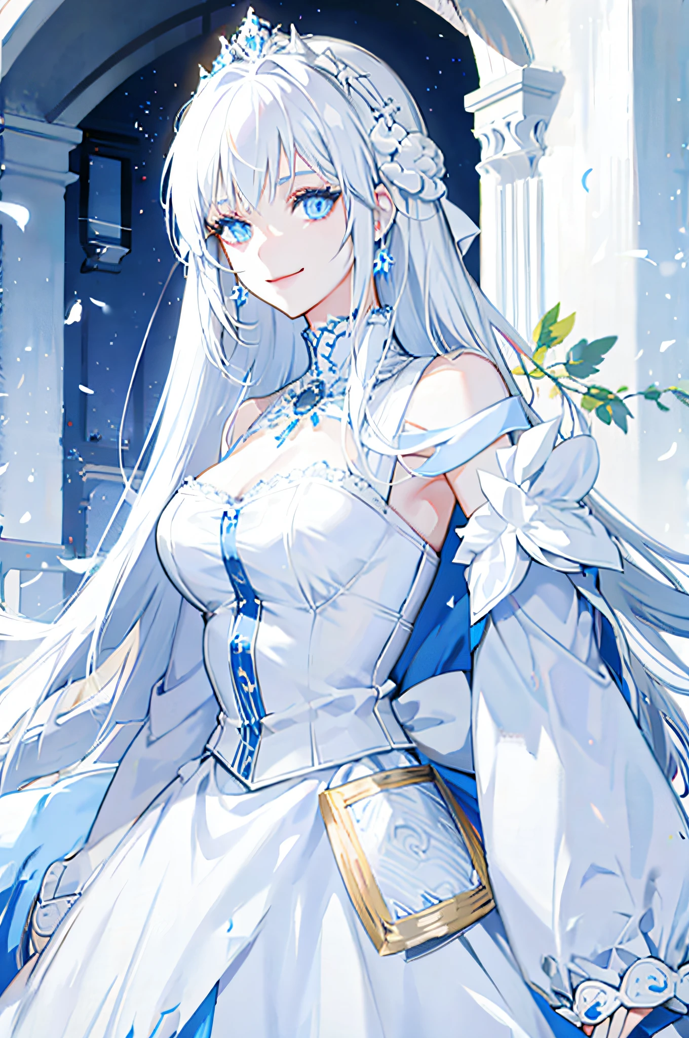 White hair, light blue eyes, woman in white dress, smile, detailed face, high quality, royalty, noble princess, elegant and pure