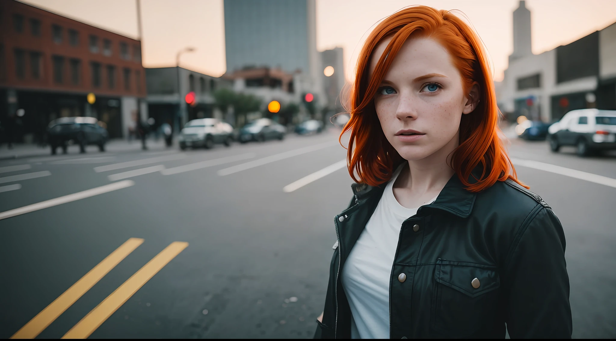 an ultra wide angle of 17 mm, portrait of one (redhead: 1.2) (solo), freckle teacher, living on the street of the city cyberpunk,: white shirt: 18], slate atmosphere, light room, 35 mm film, cinematic, faded colors, dark shot, soft colors, grainy film, lut, insane details, intricate details, hyperdetailed, close-up, twilight
