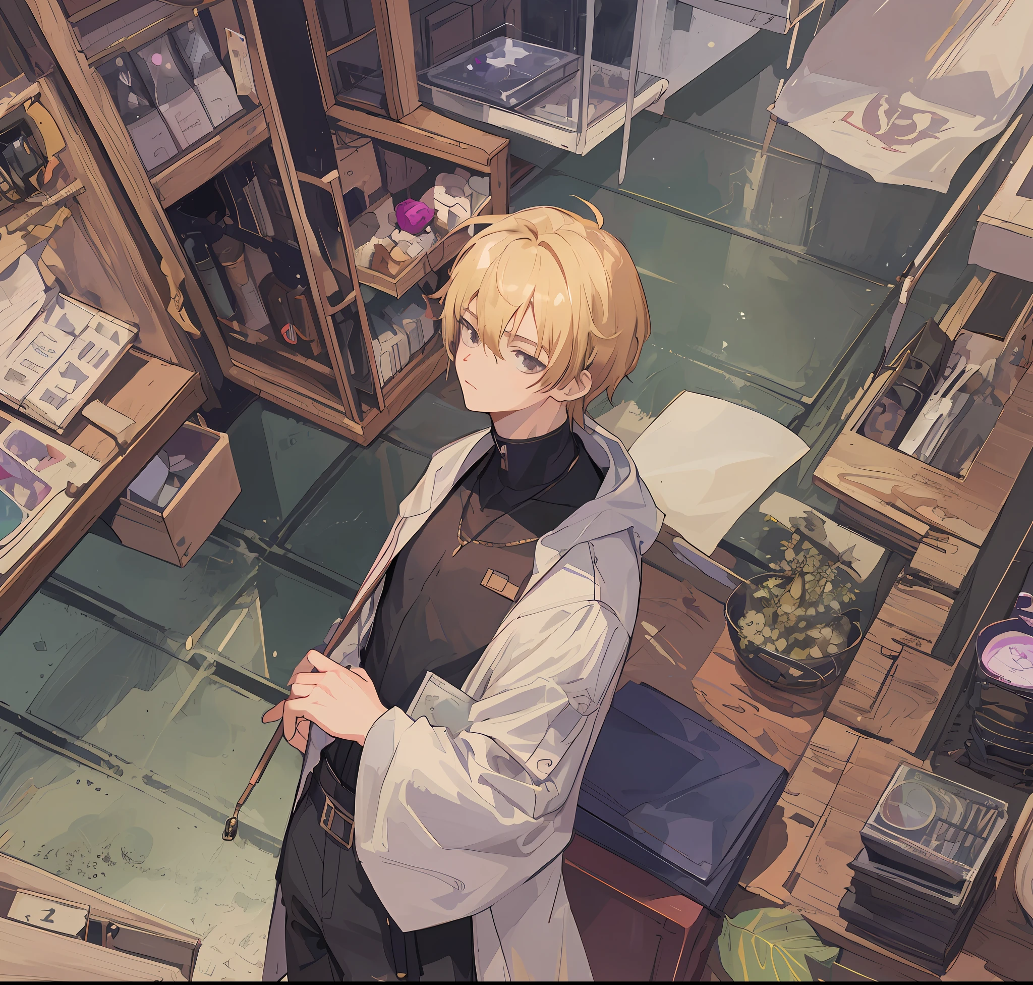 anime - style image of a woman standing in a store with a glass case, he is in a alchemist lab, painted in anime painter studio, thin young male alchemist, lofi artstyle, zerochan art, highly detailed exquisite fanart, lofi portrait, clean detailed anime art, detailed fanart, made with anime painter studio, young blonde boy fantasy thief